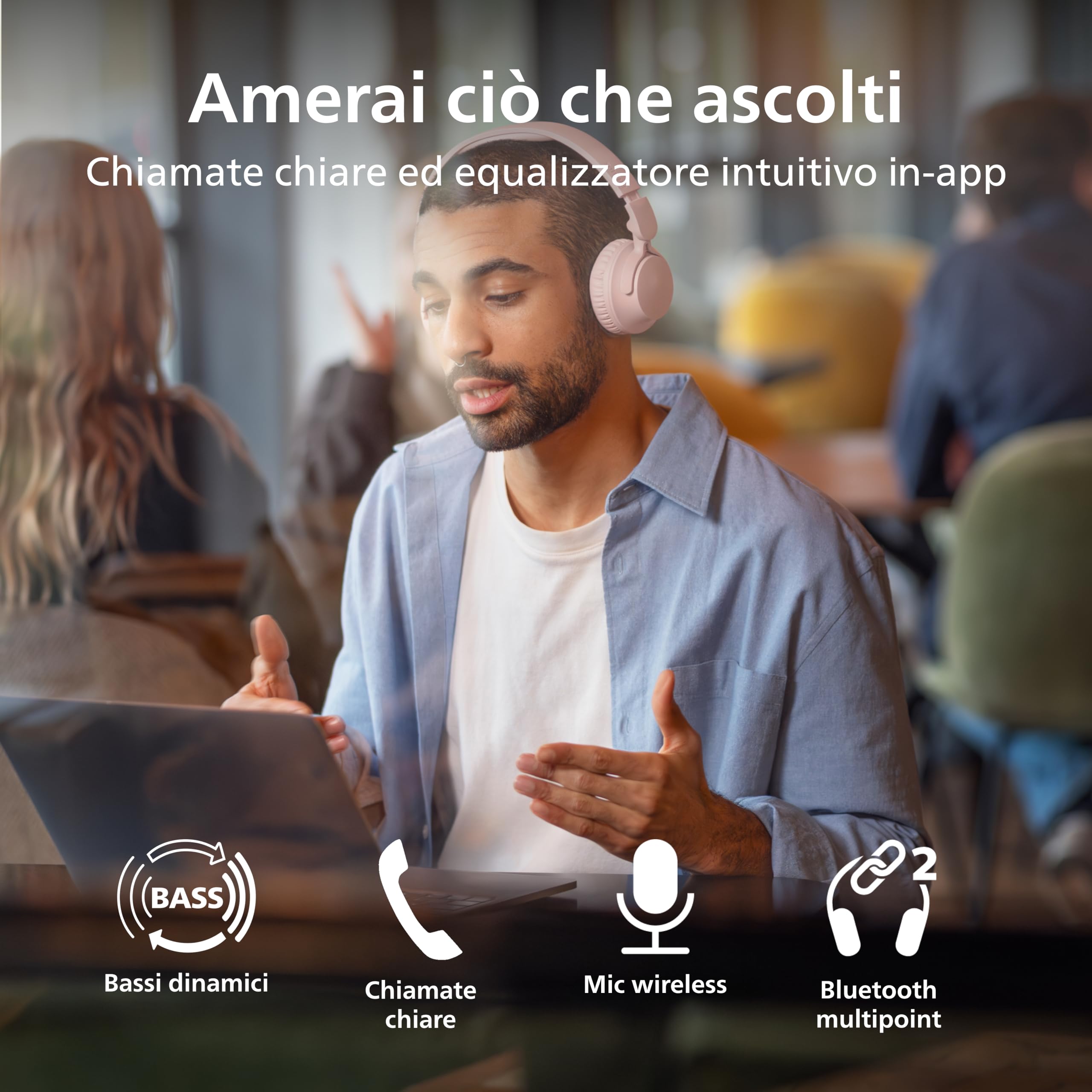 Philips TAH4000PK Cuffie wireless on-ear, 70h riproduzione, Bassi dinamici, Driver 32mm, Bluetooth6.0 Multipoint, Accoppiamento rapido, Cuscinetti/batteria sostituibili, Ripiegabili e leggere - Rosa