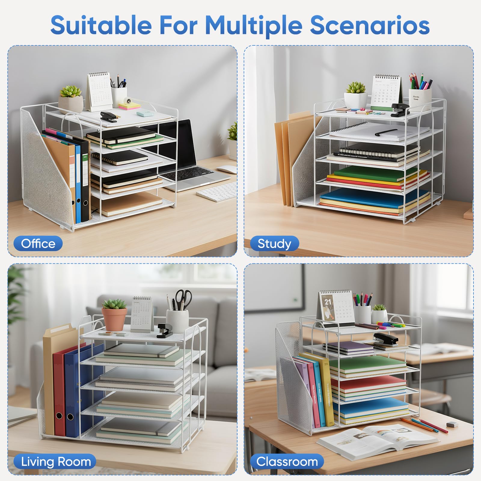 Organizzatore da scrivania a 5 livelli con cassetto – Portariviste verticale per documenti A4 e portariviste per home office e ufficio, bianco