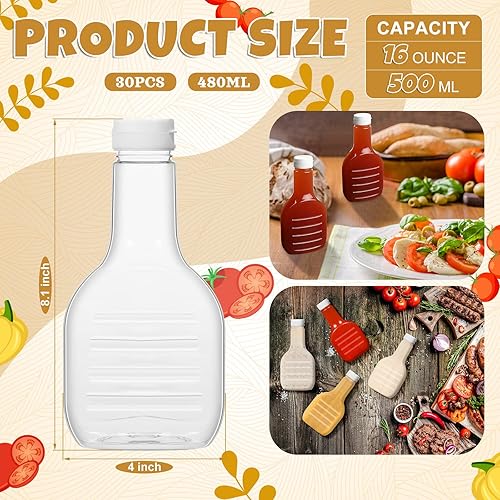 Miniatura 2 de Roshtia Paquete de 30 botellas de plástico transparente de 16 onzas para aderezo para ensaladas, botellas vacías a granel con tapa superior abatible