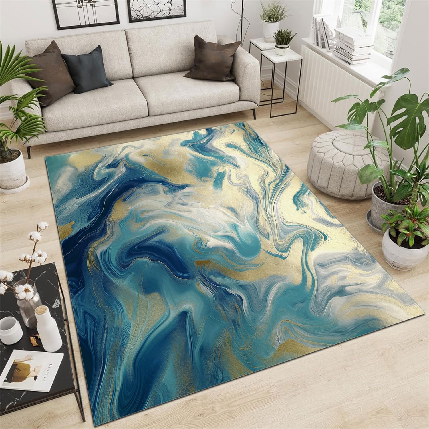 Washable Non-Shed Rugs 2 x 3 ft, Throw Rugs for Bedroom Non Slip, Soft Blue Gold Textured Marble Bathroom Mat, Entryway Rug Indoor Floor Chair Carpet for Living Room Coffee Table