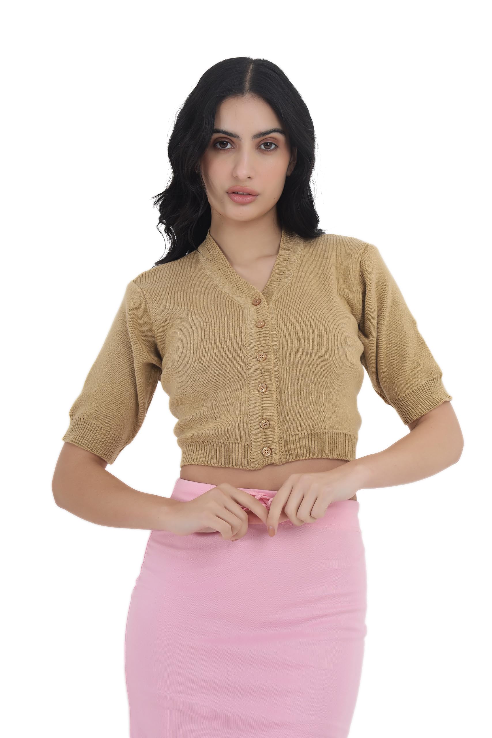 femula Women Winter Wear V-Neck Half Sleeves Regular Fit Woollen Blouse-picture-5