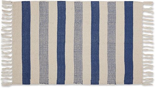 Miniatura 1 de DII Colección Woven Rugs Tejida a mano con flecos, 2x3 pies, rayas combinadas azul francés