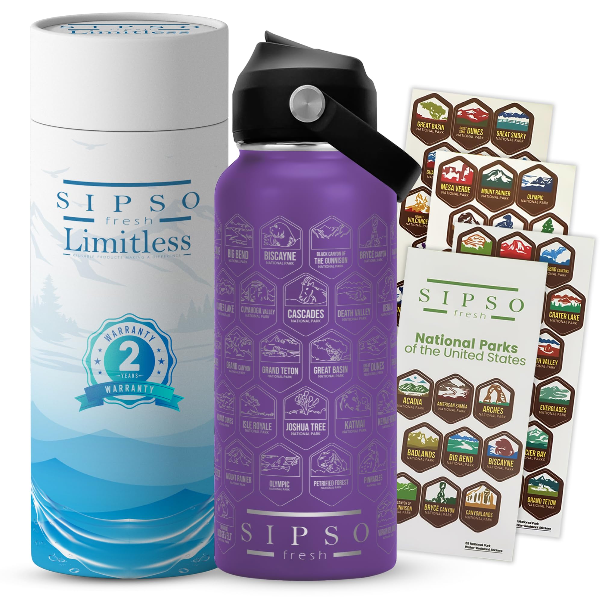 SIPSO fresh Hiking Gift Water Bottle – 32 oz Vacuum Insulated Stainless Steel National Park Water Bottle | 63 Waterproof Stickers & Premium Gift Box |