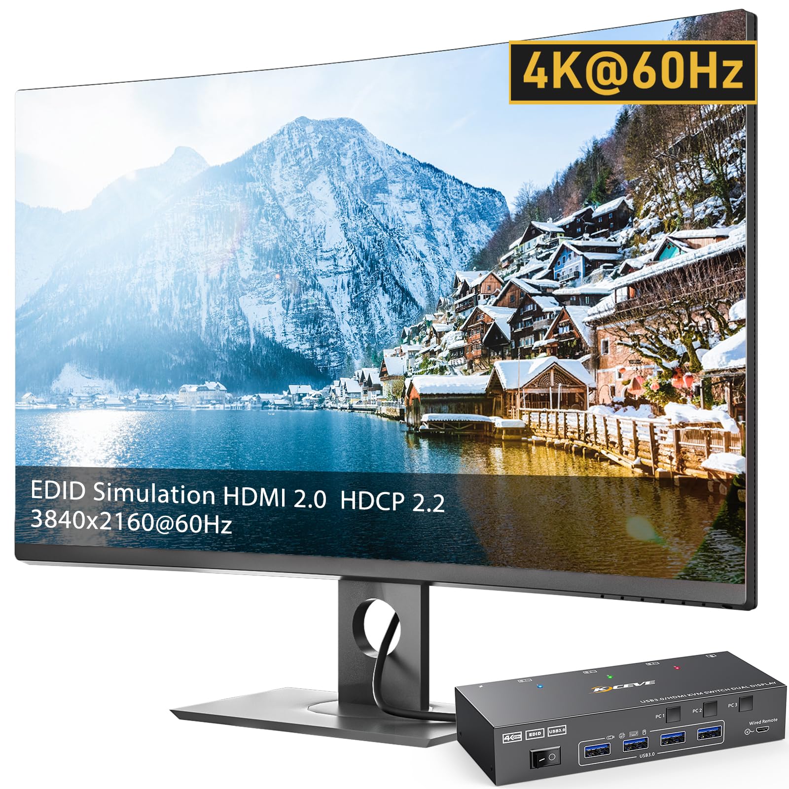 KVM Switch 3 PC 2 Monitore HDMI 4K@60Hz, EDID, USB 3.0 HDMI 2.0 KVM Switch Dual Monitor für 3 PC Teilen Tastatur, Maus, mit Wired Remote