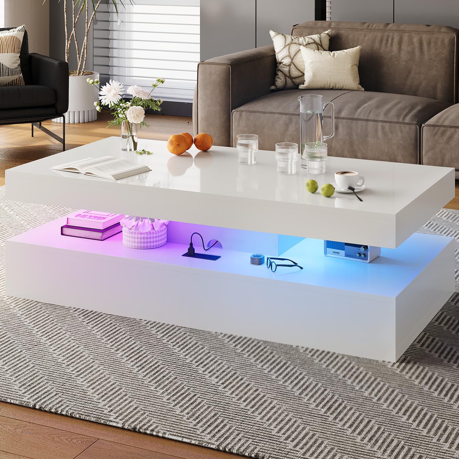 47 High-Glossy LED Coffee Table with 2 Sliding Drawers Living Room Storage Coffee Tables Modern Stylish Double-Layer Center