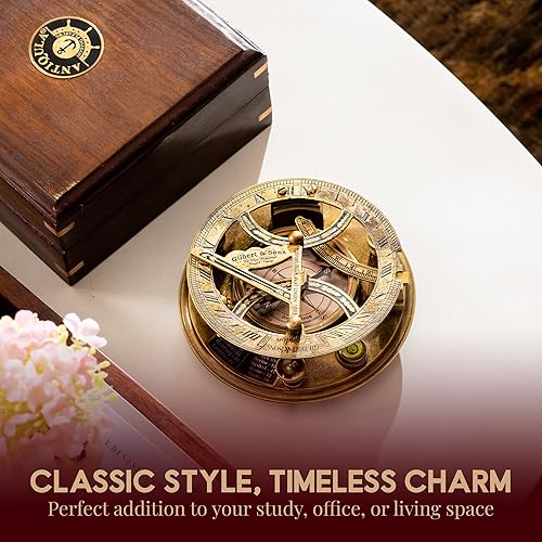 Miniatura 3 de Brújula grande de reloj de sol de 5 pulgadas con caja de madera de palisandro, reloj de reloj de sol de latón antiguo steampunk perfectamente