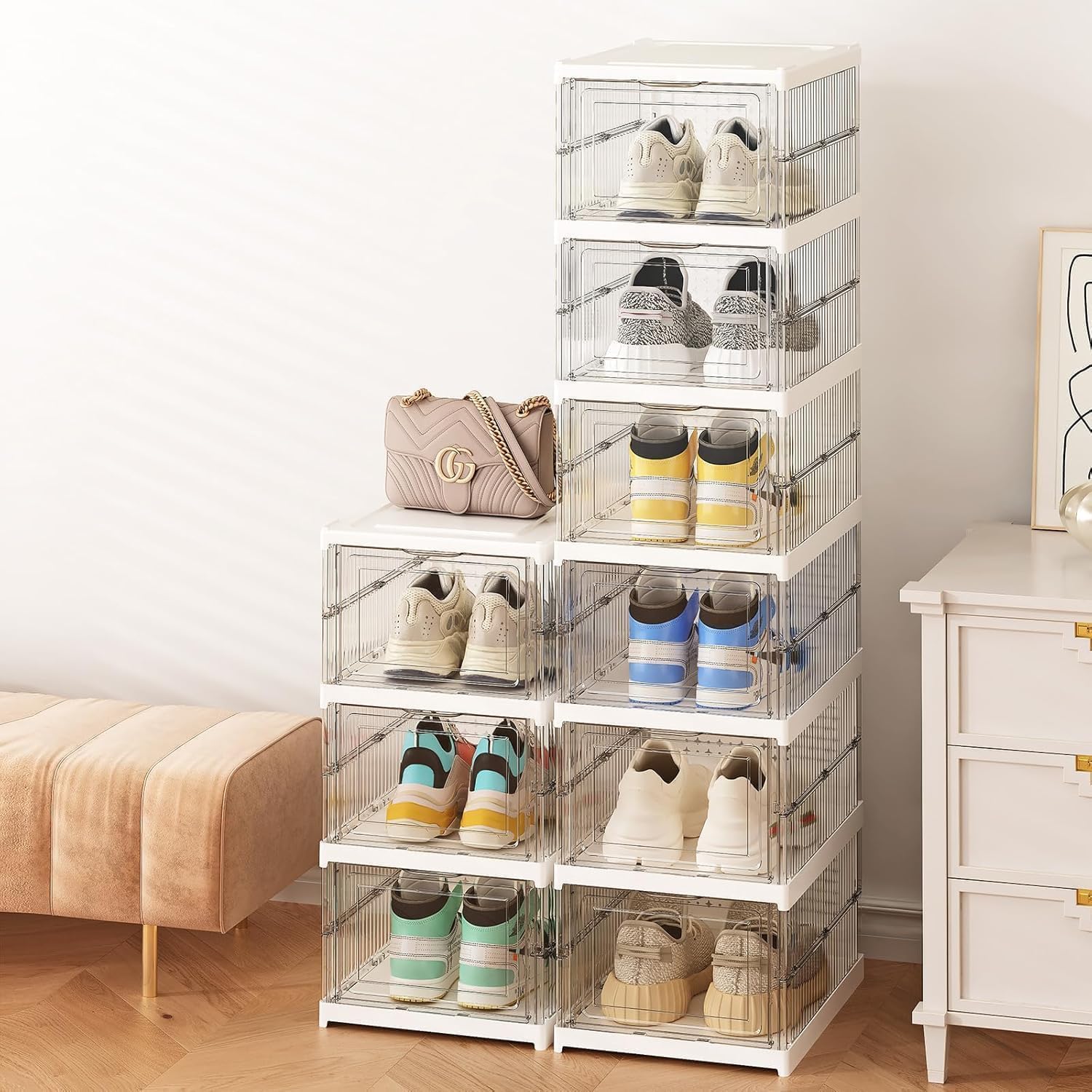 Organiseur Pliable Sans Outil Organisateur Chaussures 16 Cases HMAKGG - Gain Place Armoire Pliable Couvercle Transparent Gain De Place