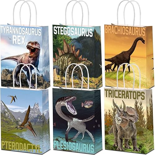 24 bolsas de regalo de fiesta de dinosaurio con asa, bolsas de regalo de papel kraft de dinosaurio, bolsas de regalo para niños y niñas, temática de 24 bolsas de regalo de fiesta de dinosaurio con asa, bolsas de regalo de papel kraft de dinosaurio, bolsas de regalo para niños y niñas, temática de