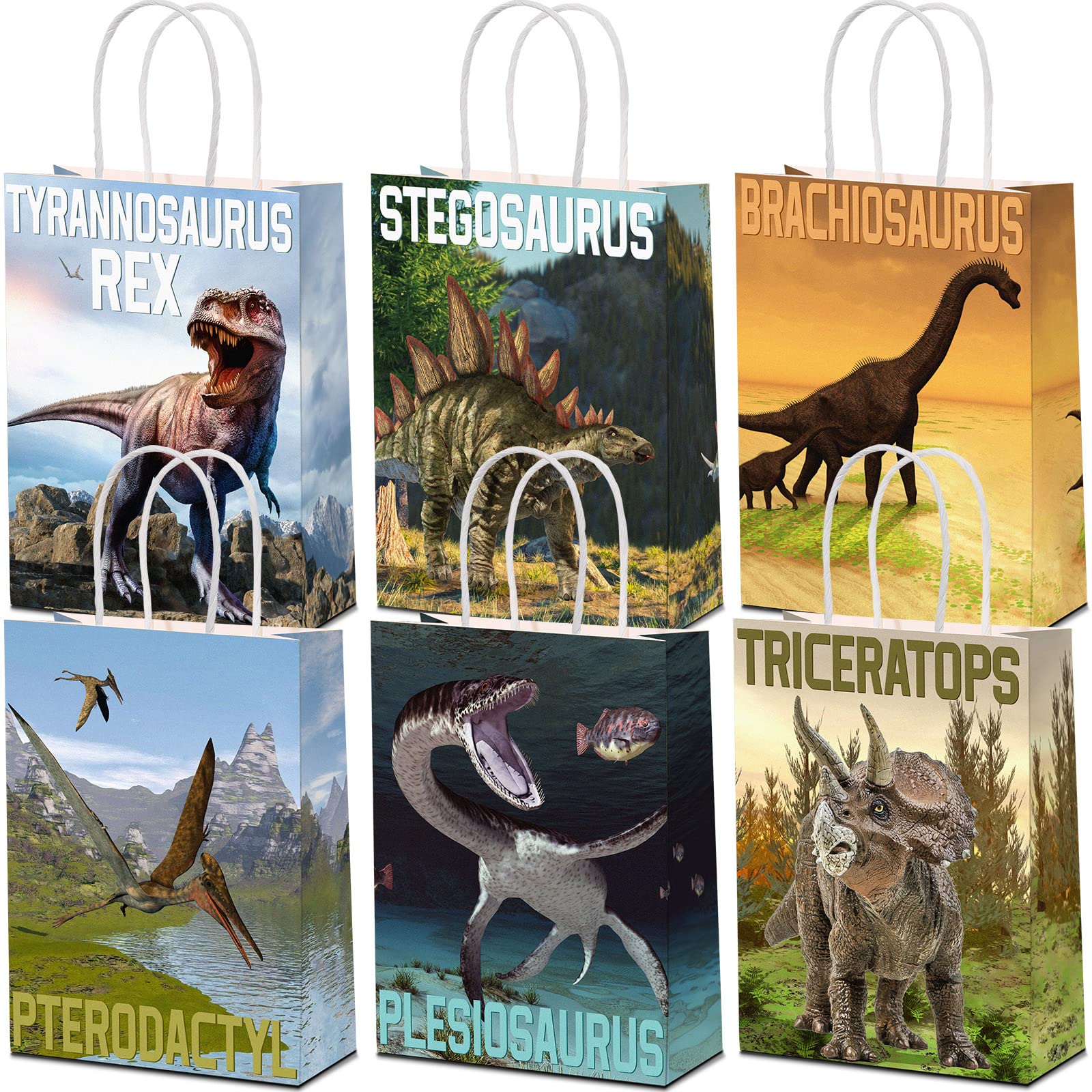 24 Pcs Dinosaur Party Favor Gift Bags with Handle, Dinosaur Kraft Paper Gift Wrap Bags Kids Goodie Treat Bags for Boys Girls Dinosaur Dino Theme Birthday Baby Shower Party Supplies (Simulated Style)