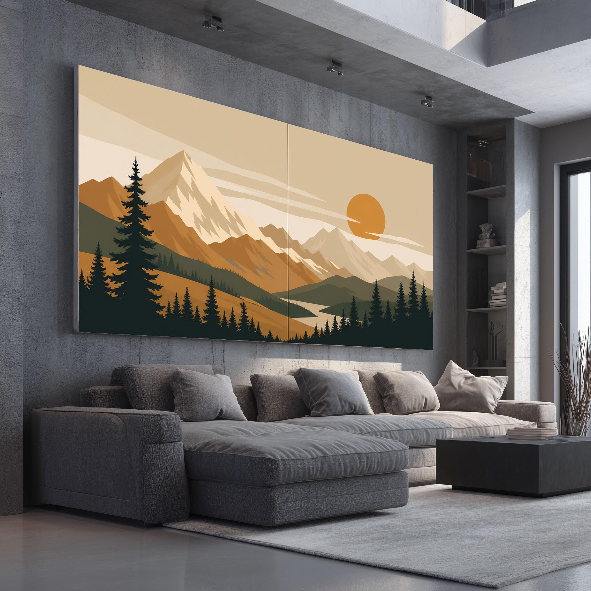 quadro grande soggiorno Tramonto Montano Retrò su tela 80x160cm con cornice