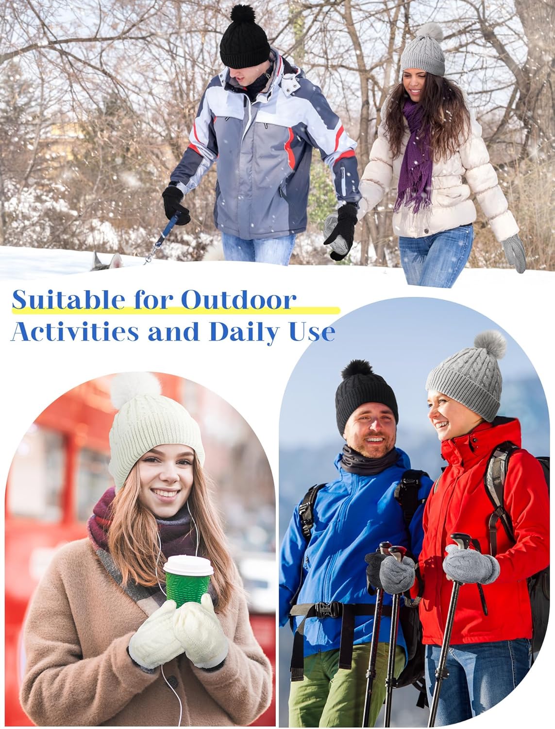 Toulite 6 Pcs Hat and Mittens Winter Set for Women Knit Pom Pom Beanie Caps and Gloves Thick Fleece Lined for Cold Weather - Image 6