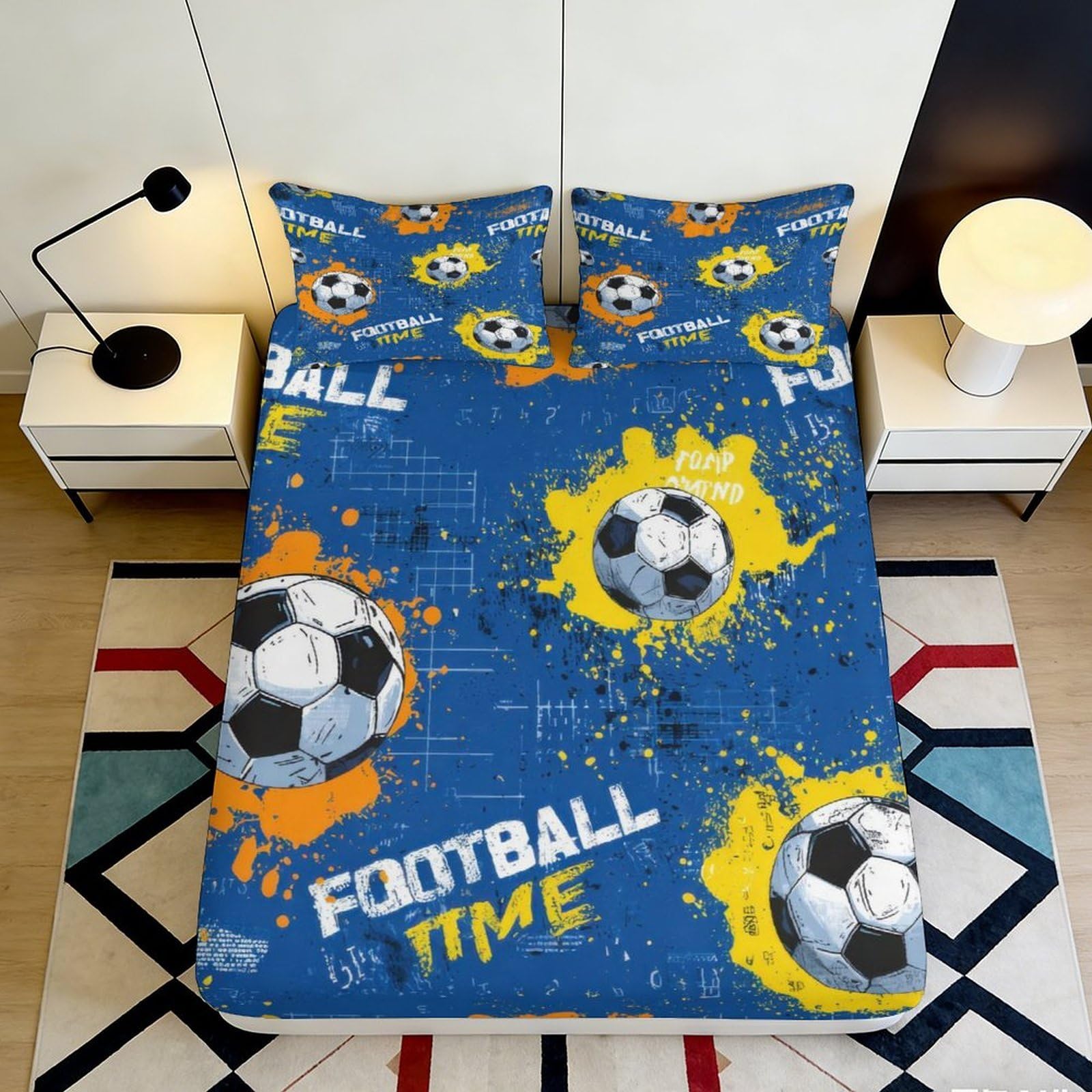 3D Printed Football Graffiti Fitted Sheet Microfiber Blue Soccer Splash Bed Cover for Bedroom Dorm Mattress Protection 90x200x25cm