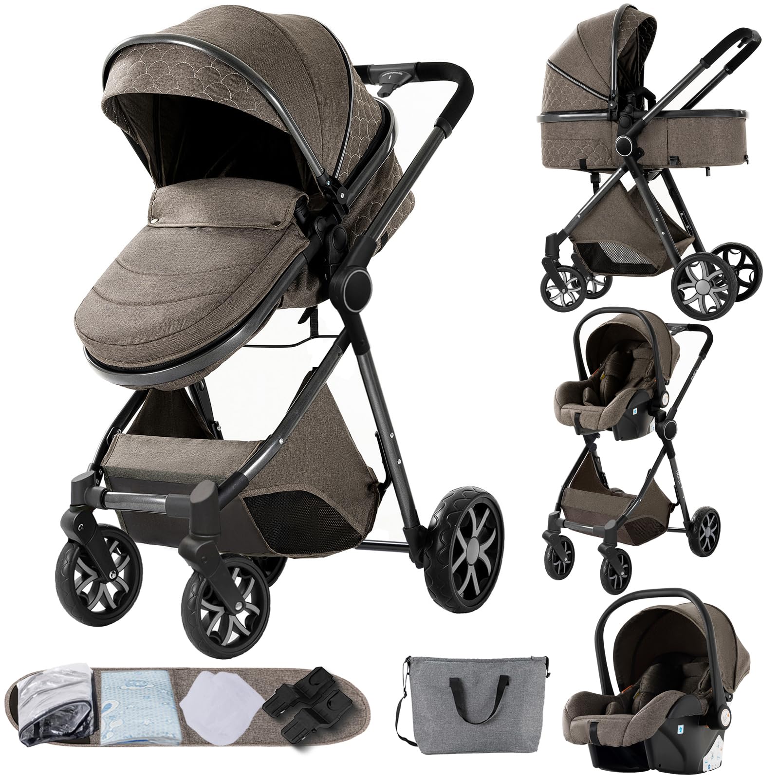 MoLi Kinderwagen 3 in 1, Kinderwagen mit Umkehrbarem Doppelschiebemodus, Buggy mit Großer Bequemer Babywanne, Kombikinderwagen 3 in 1 Rahmen Aluminiumlegierung Faltbar Hohe Landschaft (225 Chocolate)