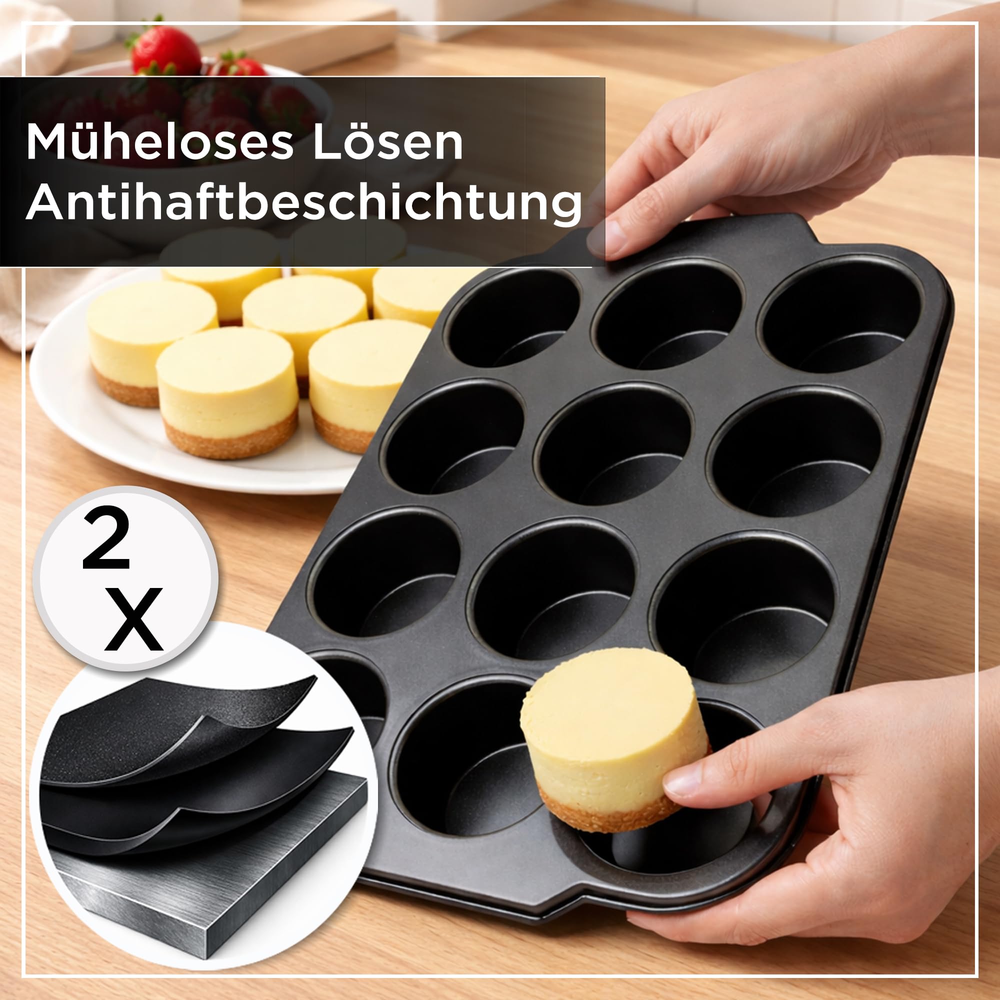 Wrenbury Mini Käsekuchenform 12er mit Losem Boden – Antihaft Karbonstahl Törtchen Formen PFOA-Frei – Kuchenform Ofenfest bis 230°C – für Cheesecake, Muffins & Törtchen
