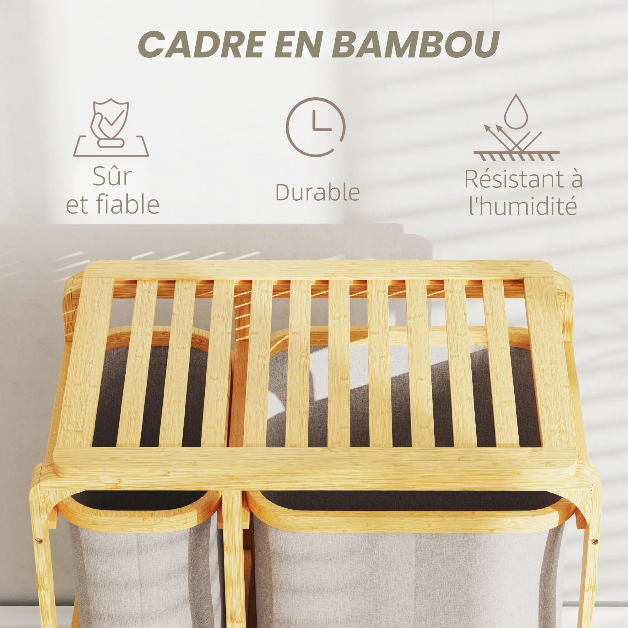 HOMCOM Panier à linge avec 3 sacs et étagères amovibles en textile, panier à linge en bambou, 50x32x69.7 cm, bambou et couleur crème