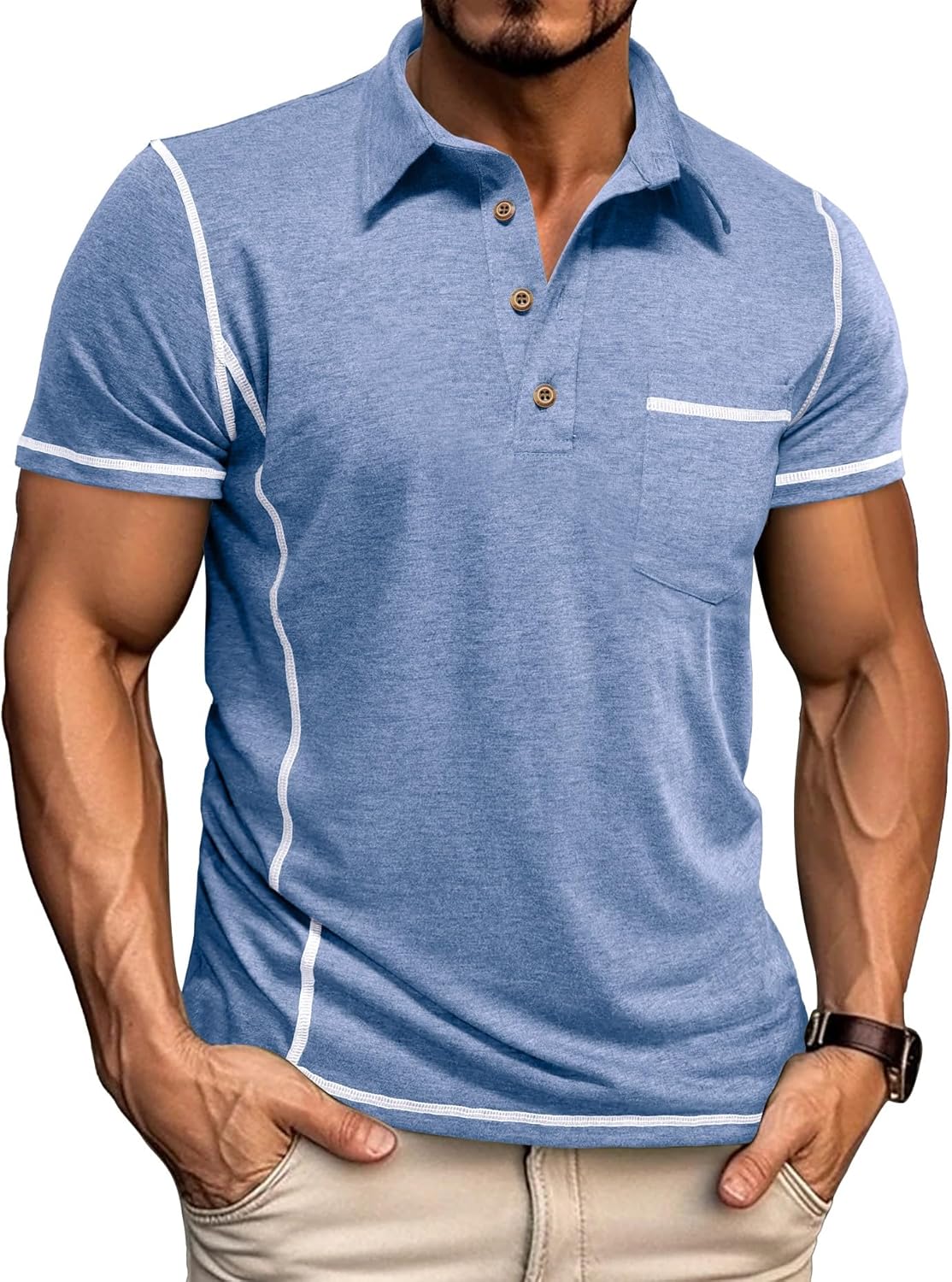 Mens Casual Polo Shirts Athletic Short Sleeve Classic Button Tees Slim Fit Shirt with Pocket