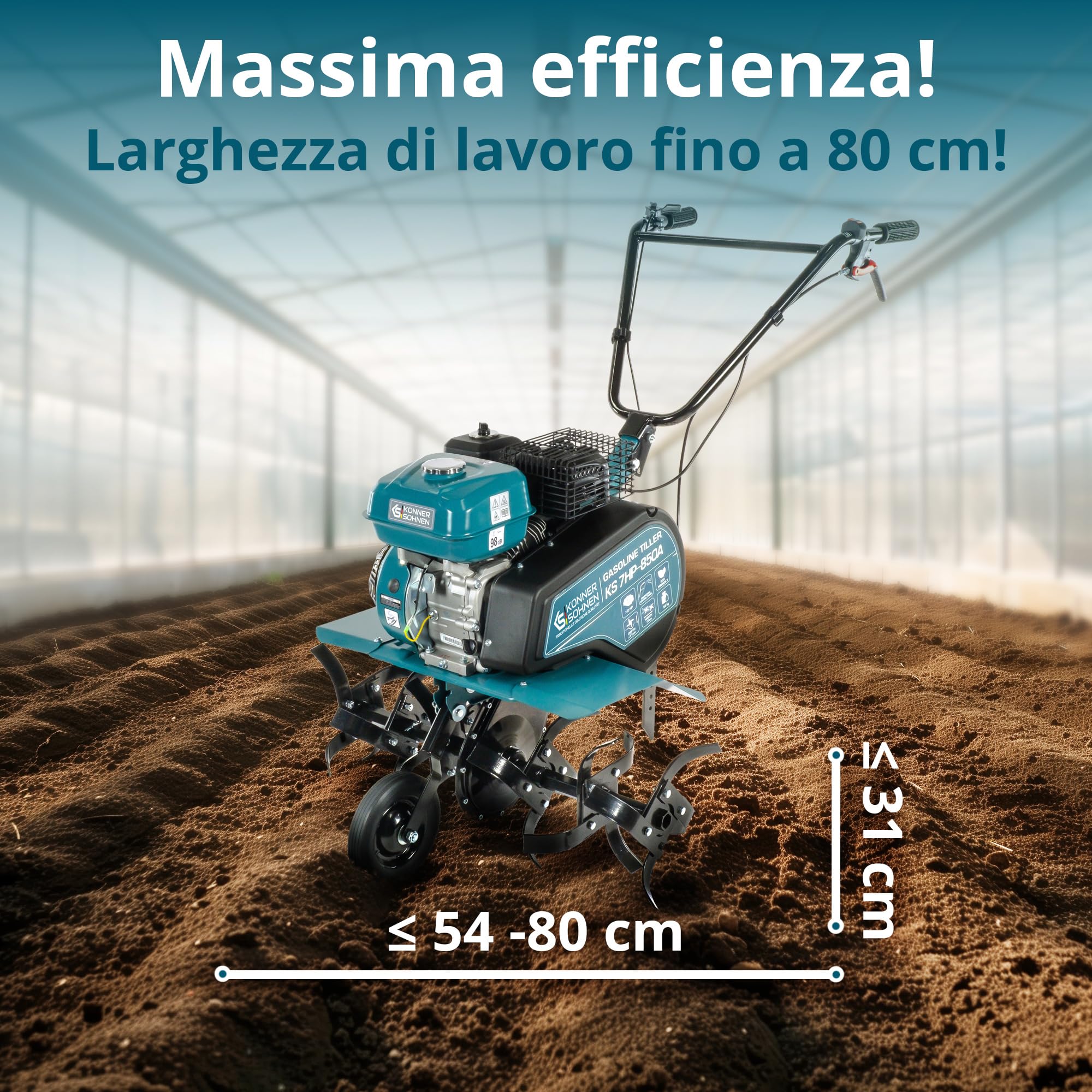 Könner & Söhn KS 7HP-850A Coltivatore a benzina con trasmissione a cinghia, fresa per giardino con fresa a sega forgiata, valvola di scarico regolabile, potenza del motore 7 CV