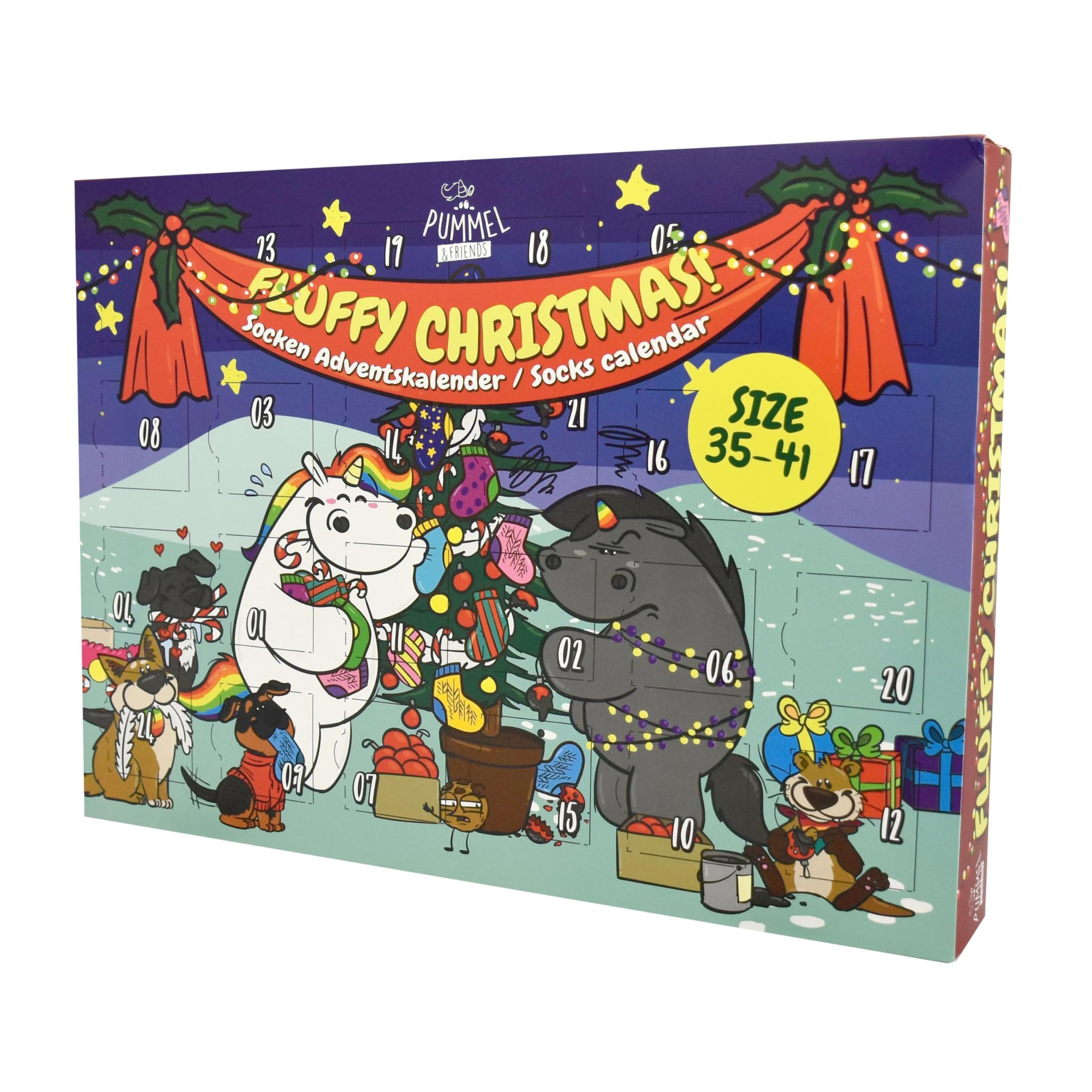 Pummeleinhorn Socken Adventskalender (Größe 35-41) – 24 Tage voller Überraschungen mit 12 Paar Socken – Weihnachtskalender für Damen & Teens – inkl. GRATIS Weihnachtspostkarte