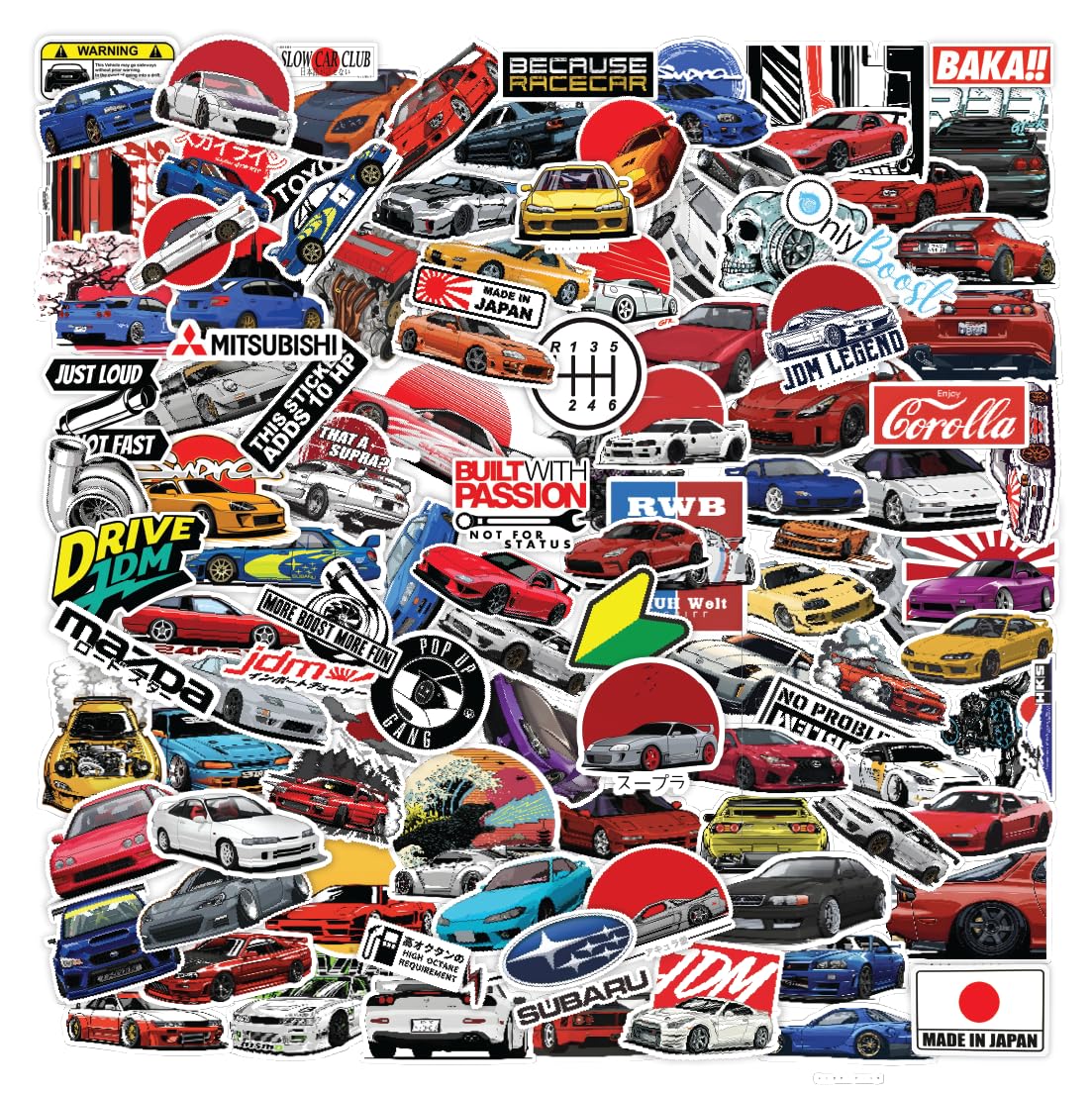 CodersParadise - Pack of 55 JDM Cars Stickers for Laptop, Journal, Bike Helmet, Diary, Guitar, Mobile Case - Waterproof Residue Free Stickers - Japanese Racing Cars