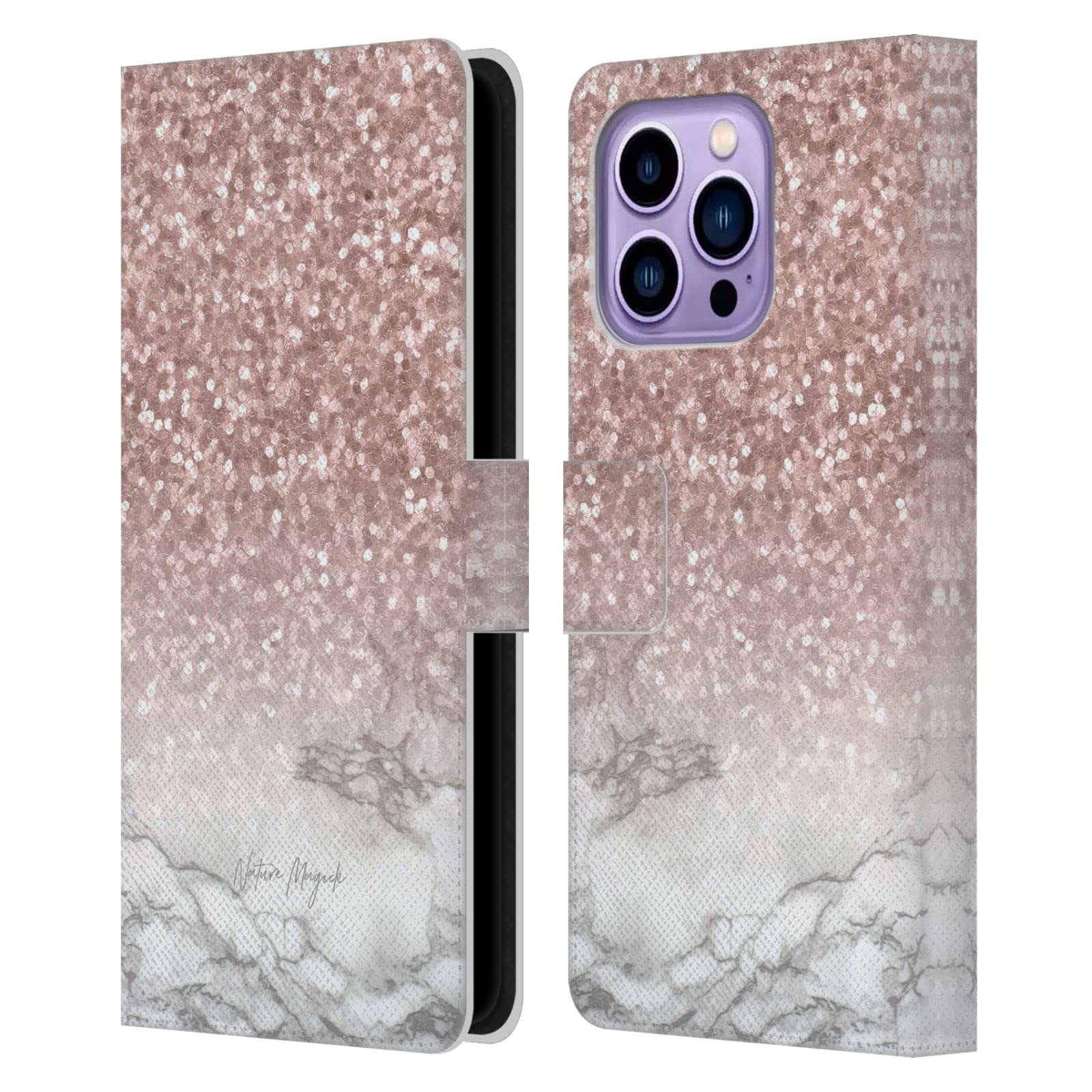 Carcasa de cuero tipo libro para iPhone 14 Pro Max con diseño de mármol y purpurina oro rosa 7