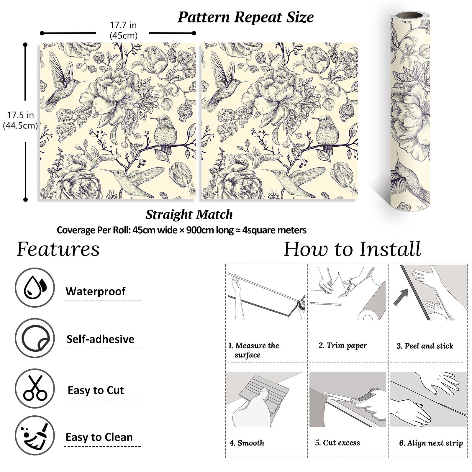 VEELIKE Papel Pintado Flores y Pajaros 44.5cm×900cm Papel Autoadhesivo Pared Flores Beige Hoja Tropical Fotomurales Decorativos Pared Dormitorio Salon Papel de Pared Baño Papel Forrar Mueble Encimera