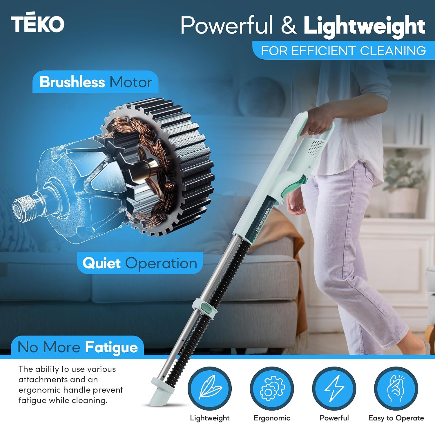 Illustration of Teko Reachr Vacuum's brushless motor and quiet operation