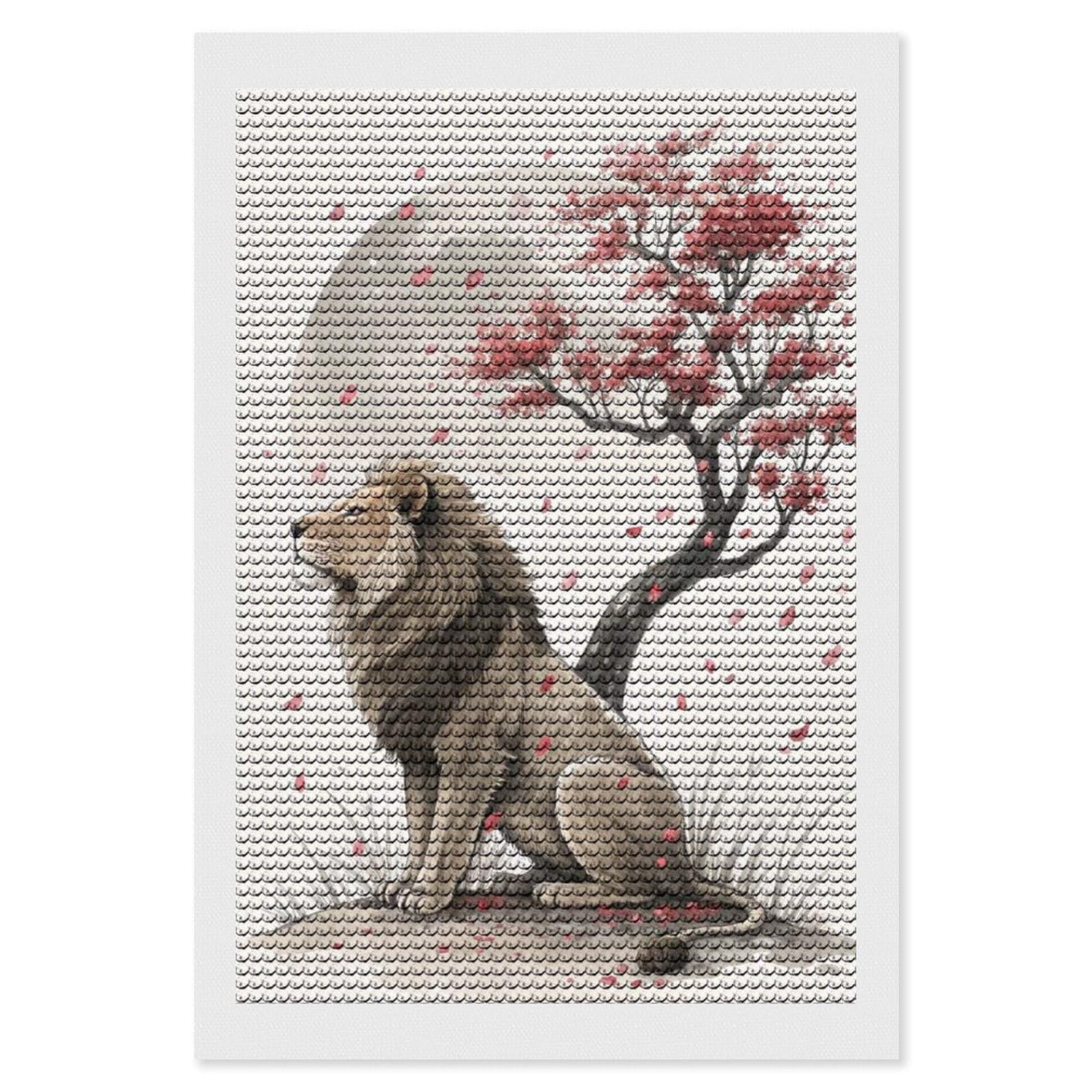 Junmoney Lion Under A Cherry Blossom Tree DIY Diamond Art Canvas Kit 8"x12", Christmas Gift, for Family Craft Time, Leisure Activity, Home Wall Art