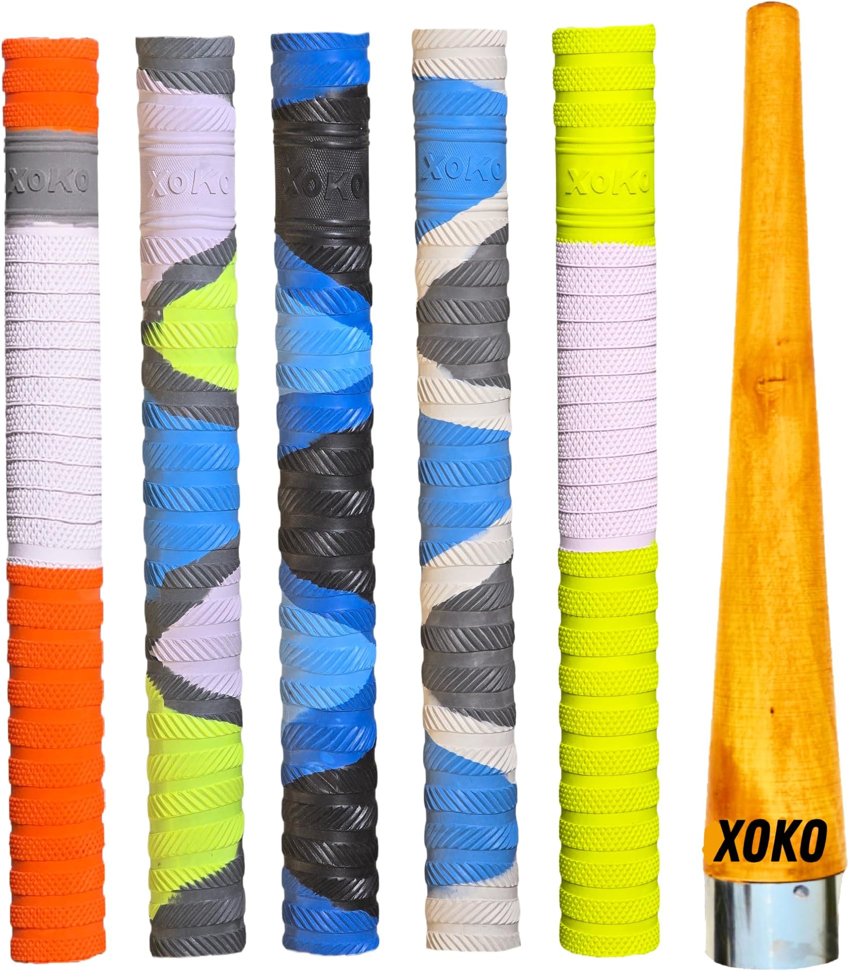 XOKO Premium Cricket Bat Handle Grips Set, Dynamic Texture, 5 Multi-Color Performance Grips with Wooden Cone, Enhanced Shock Absorption, Pack of 6