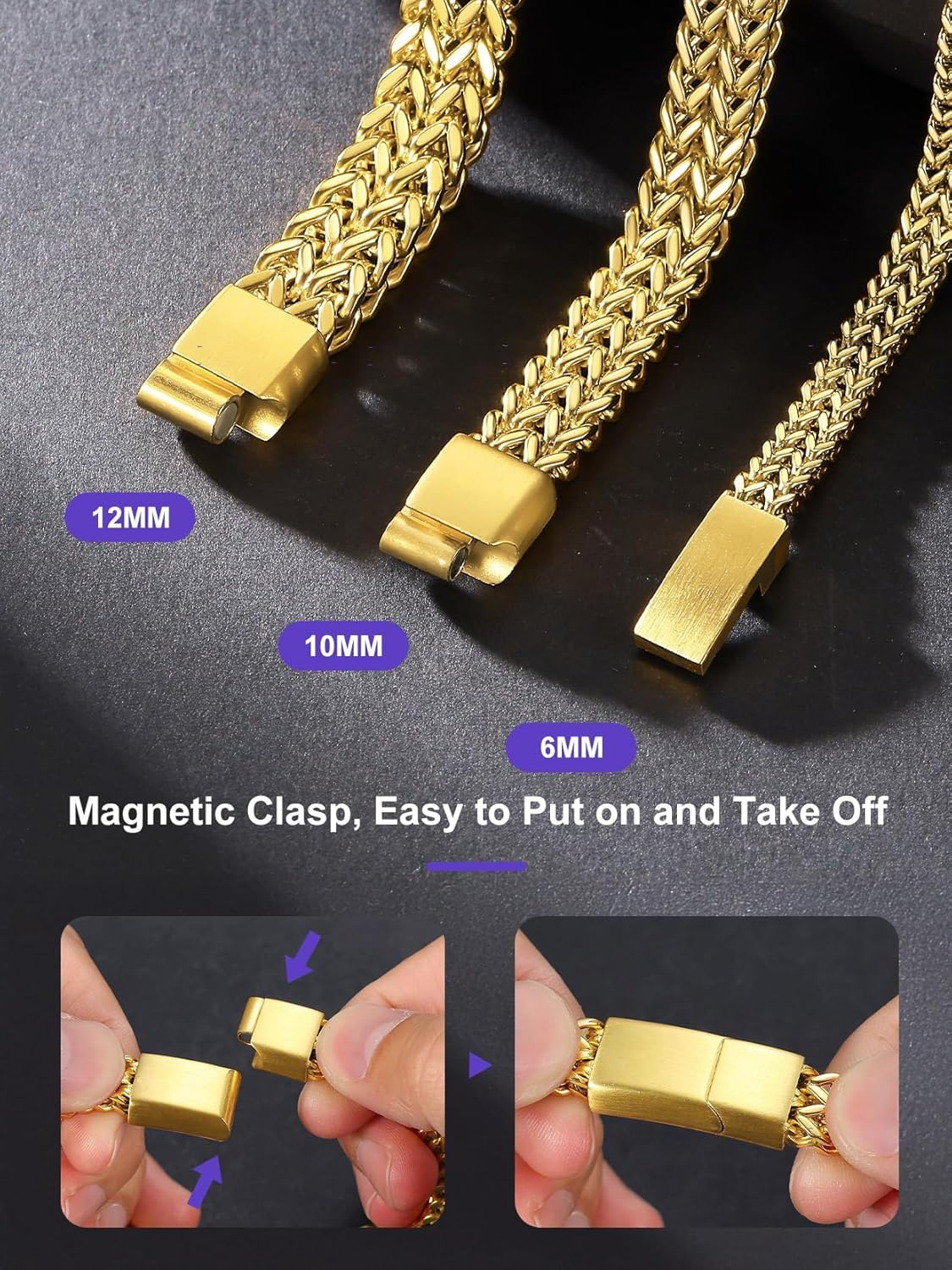 Richsteel Bracelets for Men 6mm/10mm/12mm Width Stainless Steel With Sturdy Clasp Franco Curb Chain Mens Bracelet 7.4/8.2/9 Inches Length - Image 5