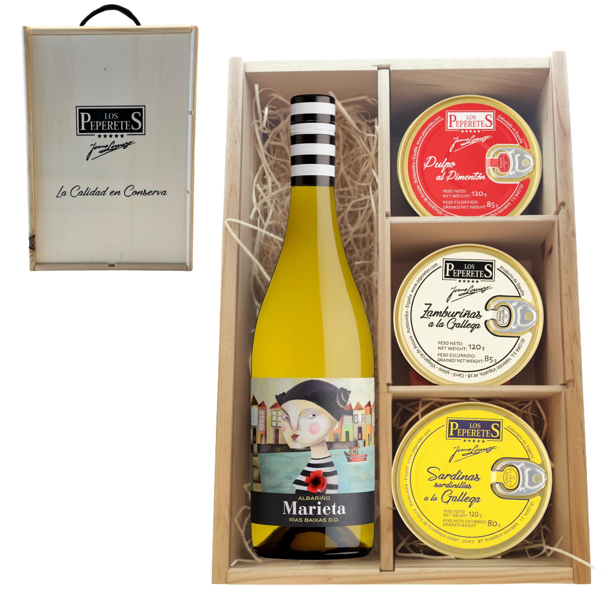 LOS PEPERETES Pack Gourmet Marisco Gallego con Vino Blanco Marieta | Pulpo al Pimentón ×2 · Zamburiñas ×2 · Sardinillas a la Gallega ×2 | Lote Delicatessen Premium