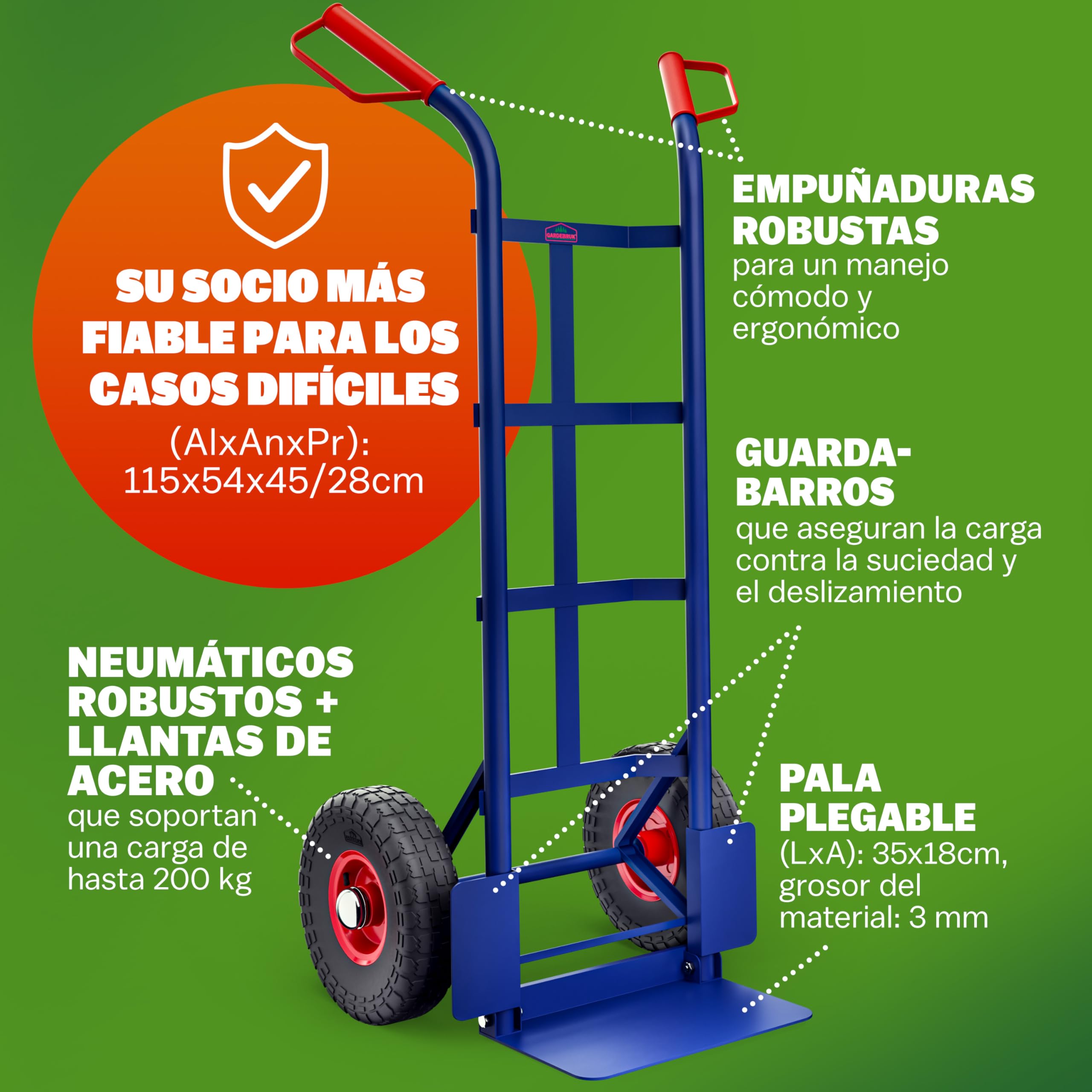 GARDEBRUK® Carretilla de Mano Plegable Carga hasta 200Kg Carro Mudanza Acero Asas Protectoras Carrito de Transporte Portátil 2 Ruedas Resistentes Azul