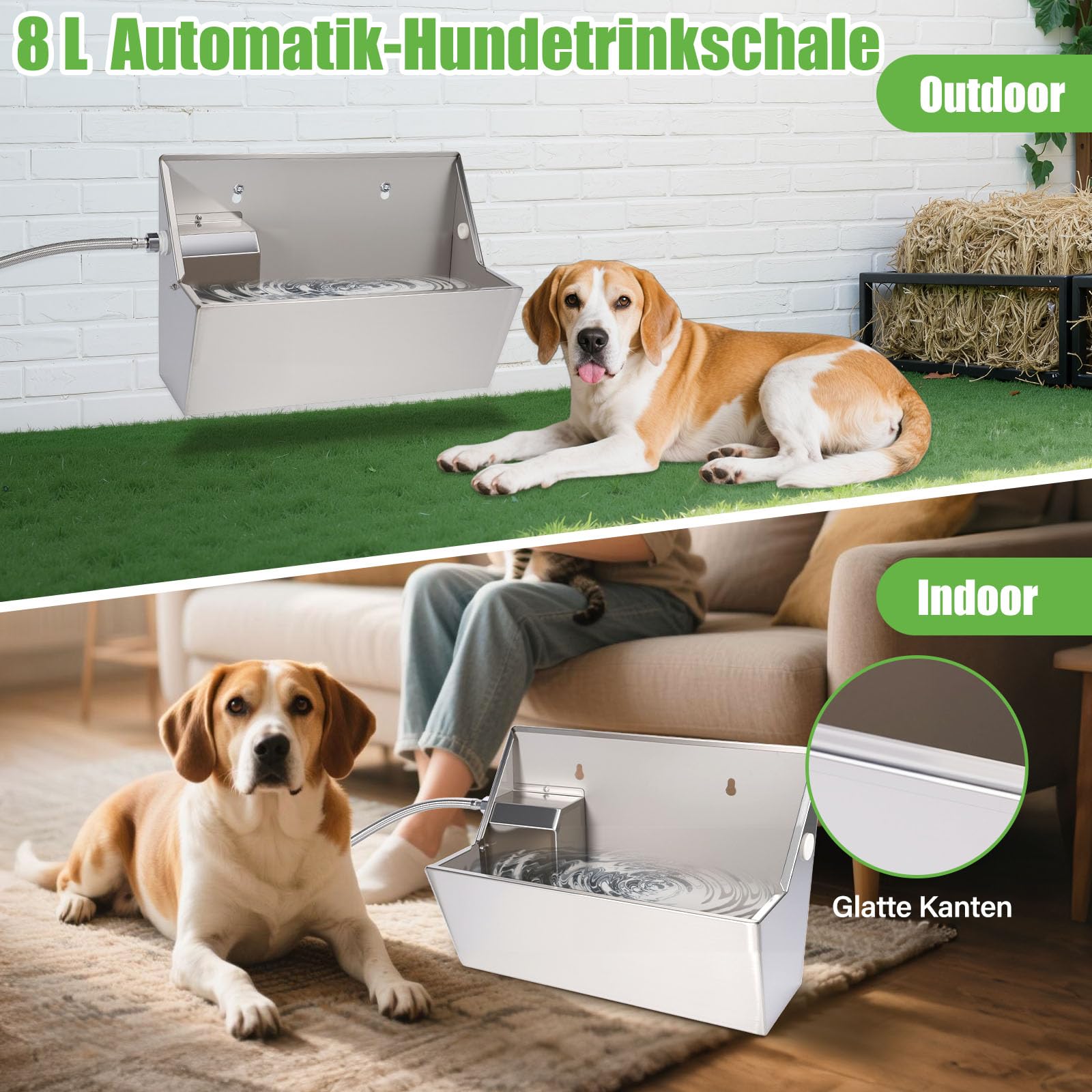 Rinder und Schafe Trinktrug 8 Liter Hundewasser im Freien Edelstahl-Wassernapf für große Hunde,Hundebecken Automatischer Hundewasserspender,Großer Hundewassernapf,Edelstahl-Wassernapf（8L）