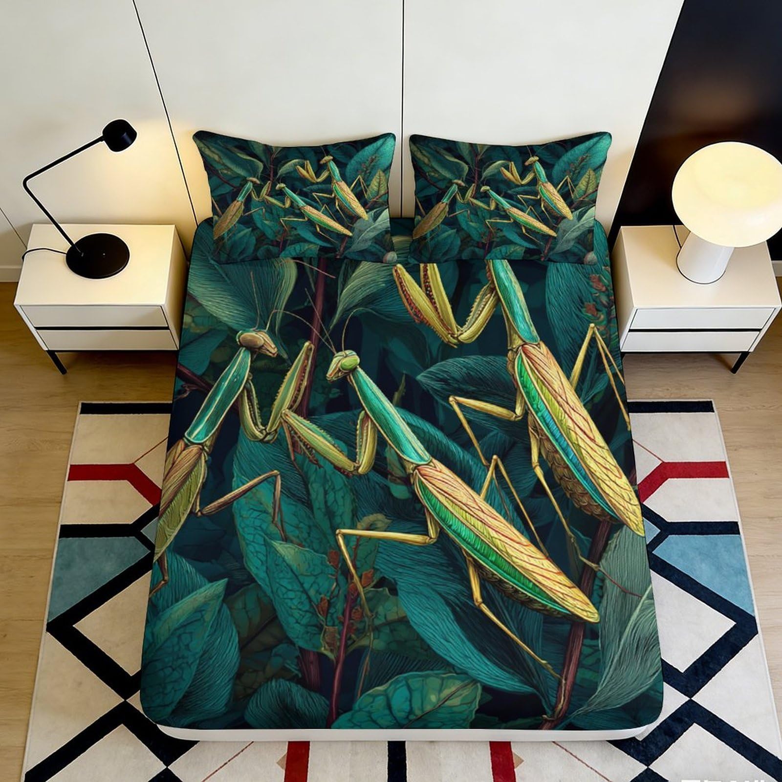 3D Printed Praying Mantis Leaf Fitted Sheet Microfiber Soft Green Nature Bed Cover for Bedroom Home Decor 90x200x25cm