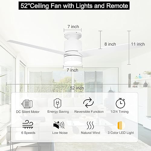 Miniatura 2 de Ventiladores de techo de 52 pulgadas con control remoto de luces ventilador de techo blanco empotrado para dormitorio, ventilador de techo