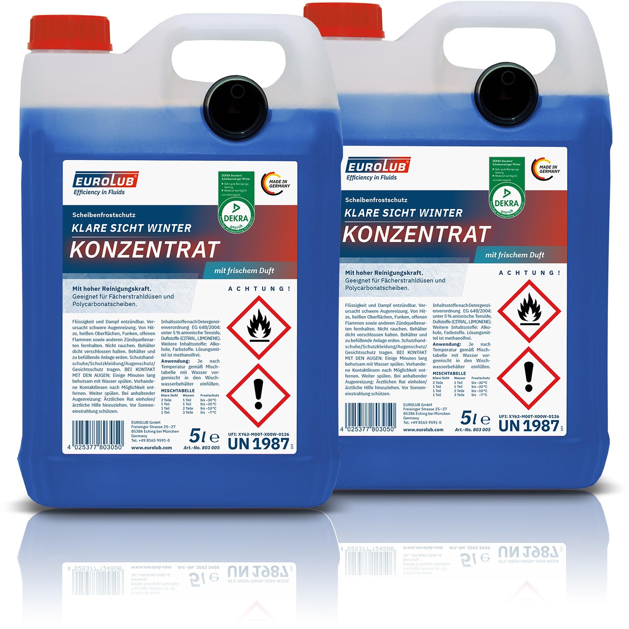 EUROLUB 2x Scheibenfrostschutz Konzentrat Klare Sicht Winter 5l bis -60° Frostschutzmittelkonzentrat Scheibenwaschanlage + 1x 750 ml Scheibenenteiser Spray Eisenentferner ohne kratzen