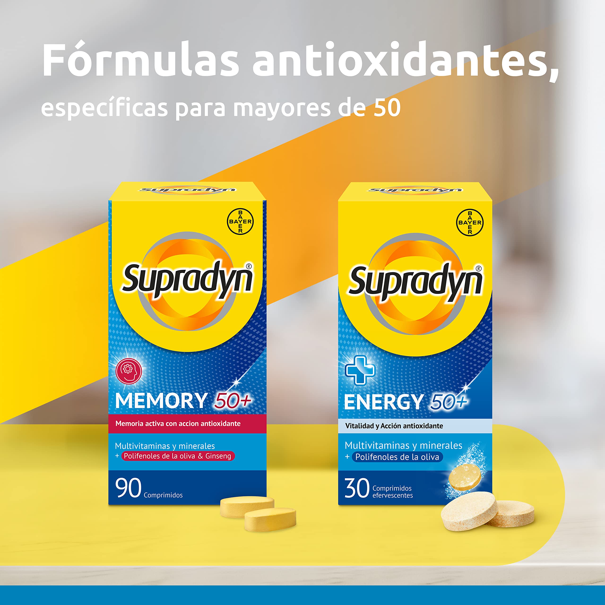 Supradyn Memory 50+ Multivitaminas Para La Memoria Y Concentración, Vitaminas, Vitamina C, Minerales, Ginseng, Zinc, Sin Glúten, Sin Lactosa, Naranja, Amarillo, 90 Comprimidos