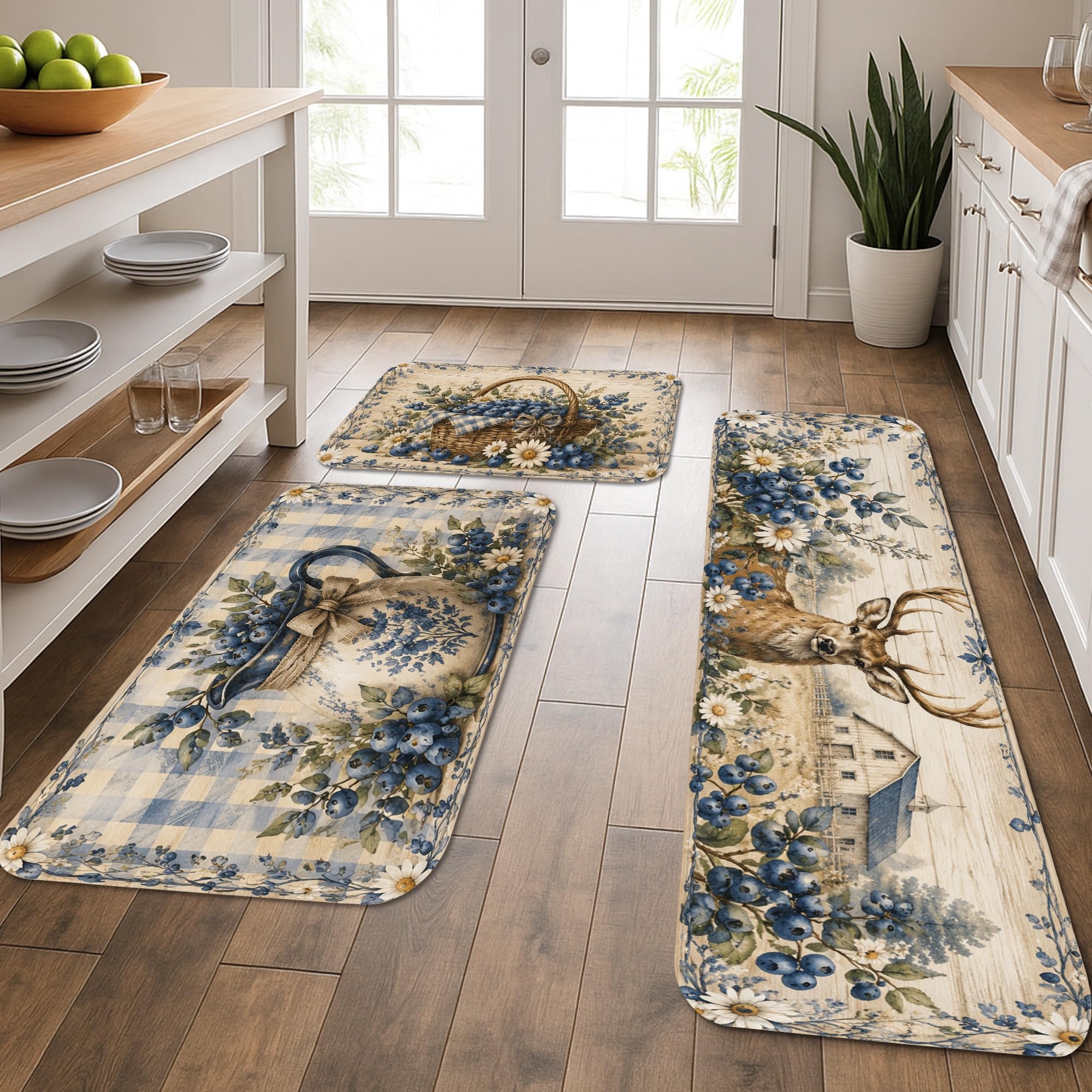 Tapis de cuisine vintage à motif floral bleu lot de 3 doux pour soulager les pieds