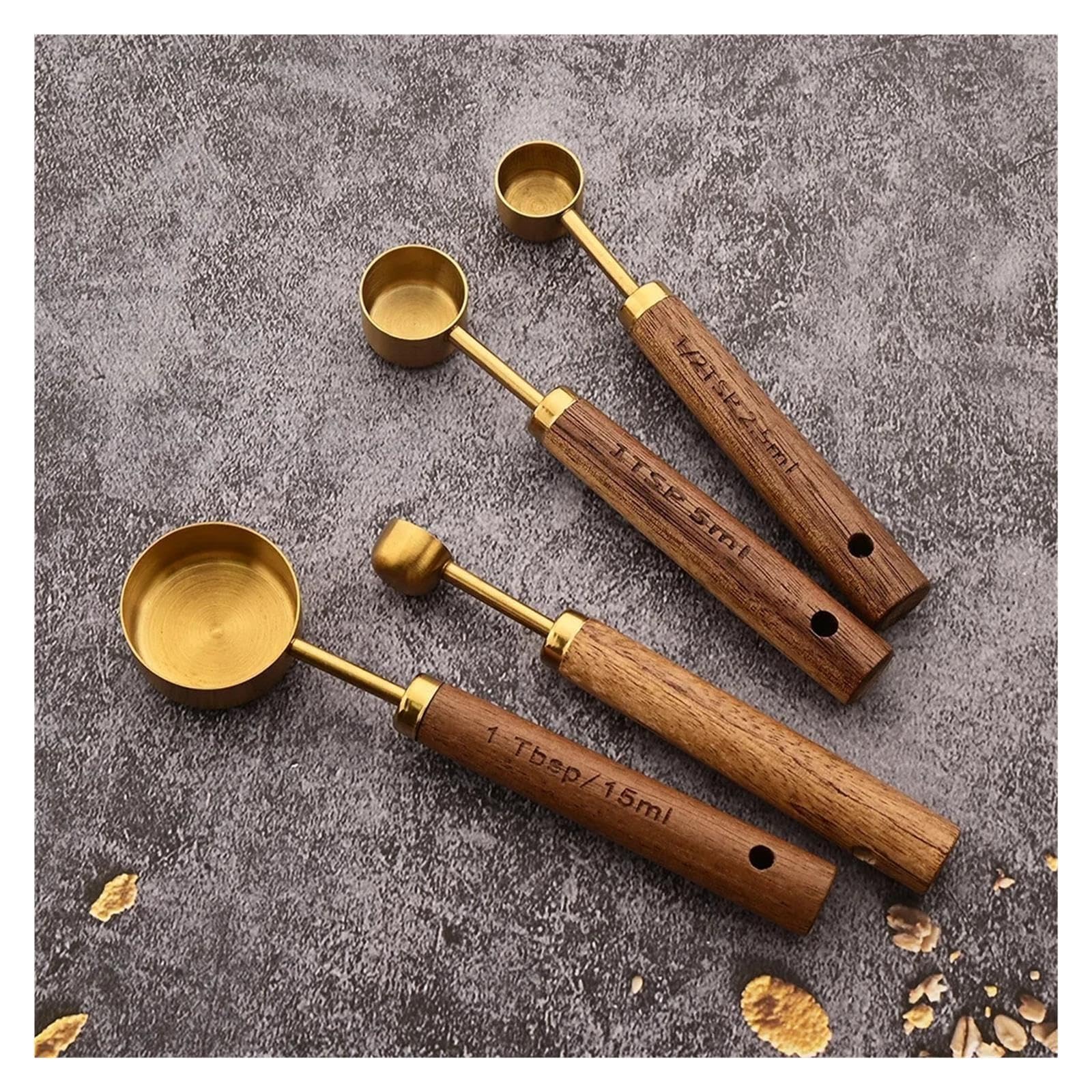 1/4/8Pcs Cucharas y tazas medidoras, mango de madera dorado