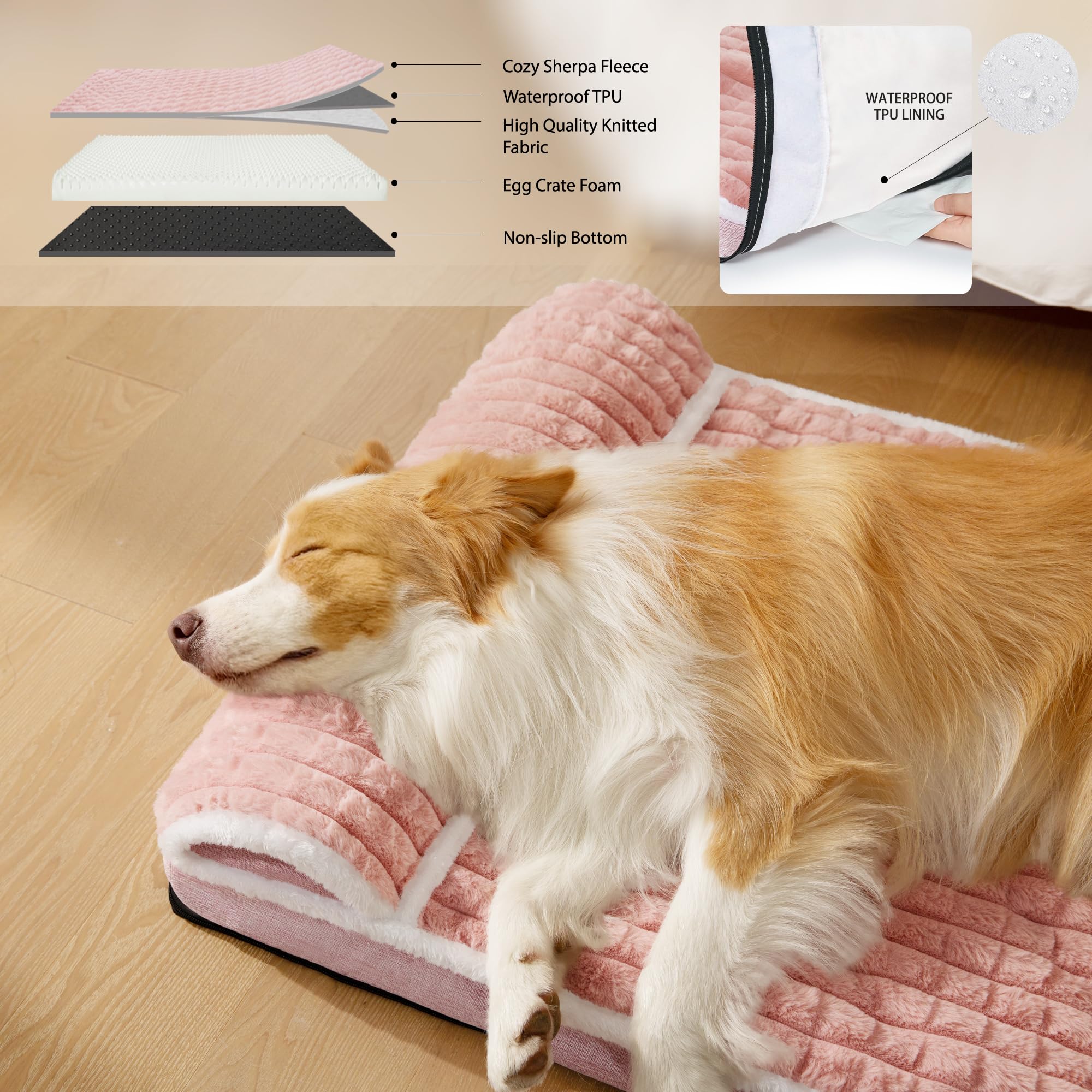 Cama ortopédica para perros grandes, cesta para perros con cojín XL, mullida, resistente al agua y antideslizante, lavable a máquina, 122 x 76 cm, rosa
