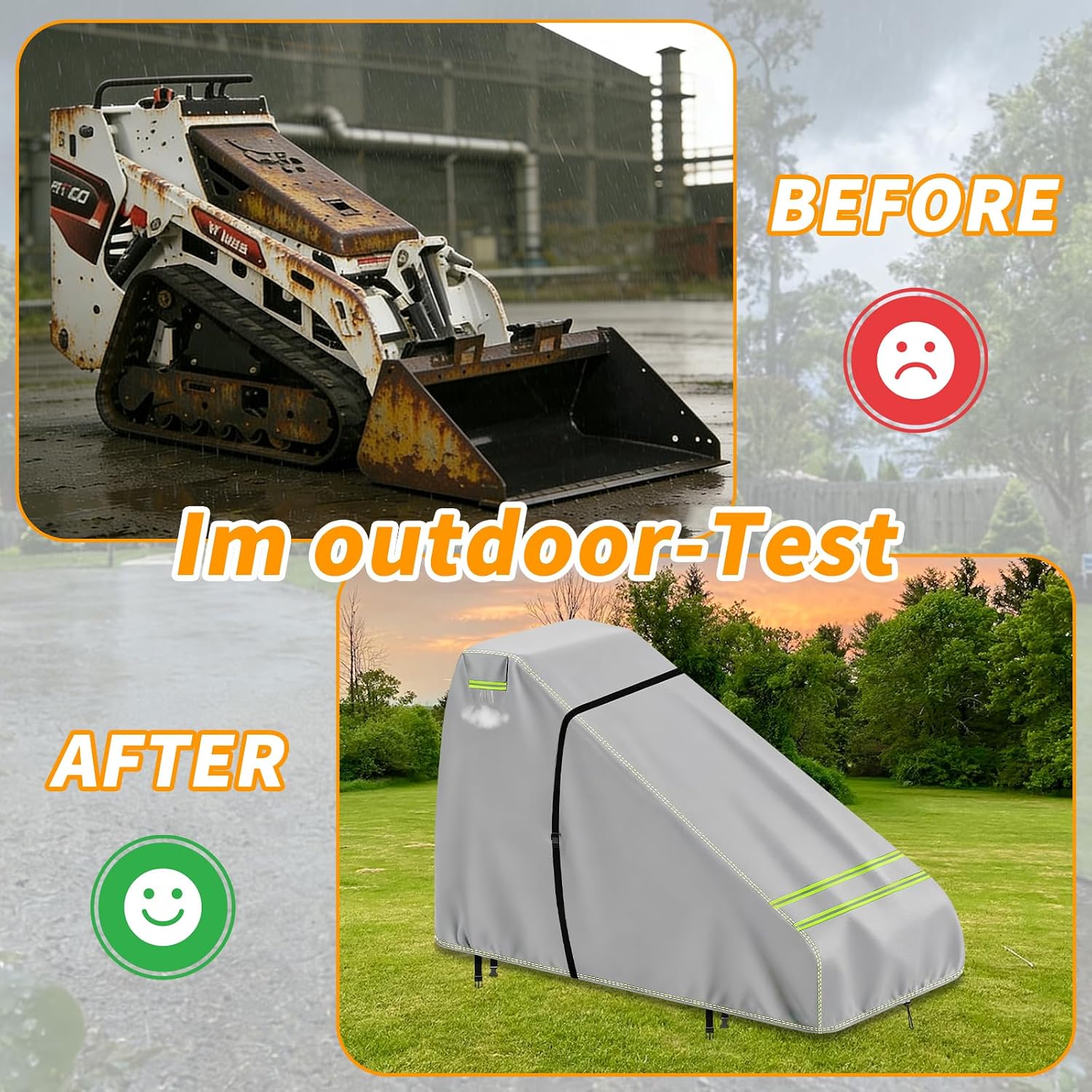 Mini Open Cab Skid Steer Cover, 600D Heavy-Duty Waterproof Oxford Full Skid Steer Protection Cover Compatible with John Deere, Bobcat, Kubota, Case– with Air Vents & Reflective Strips (Silver)