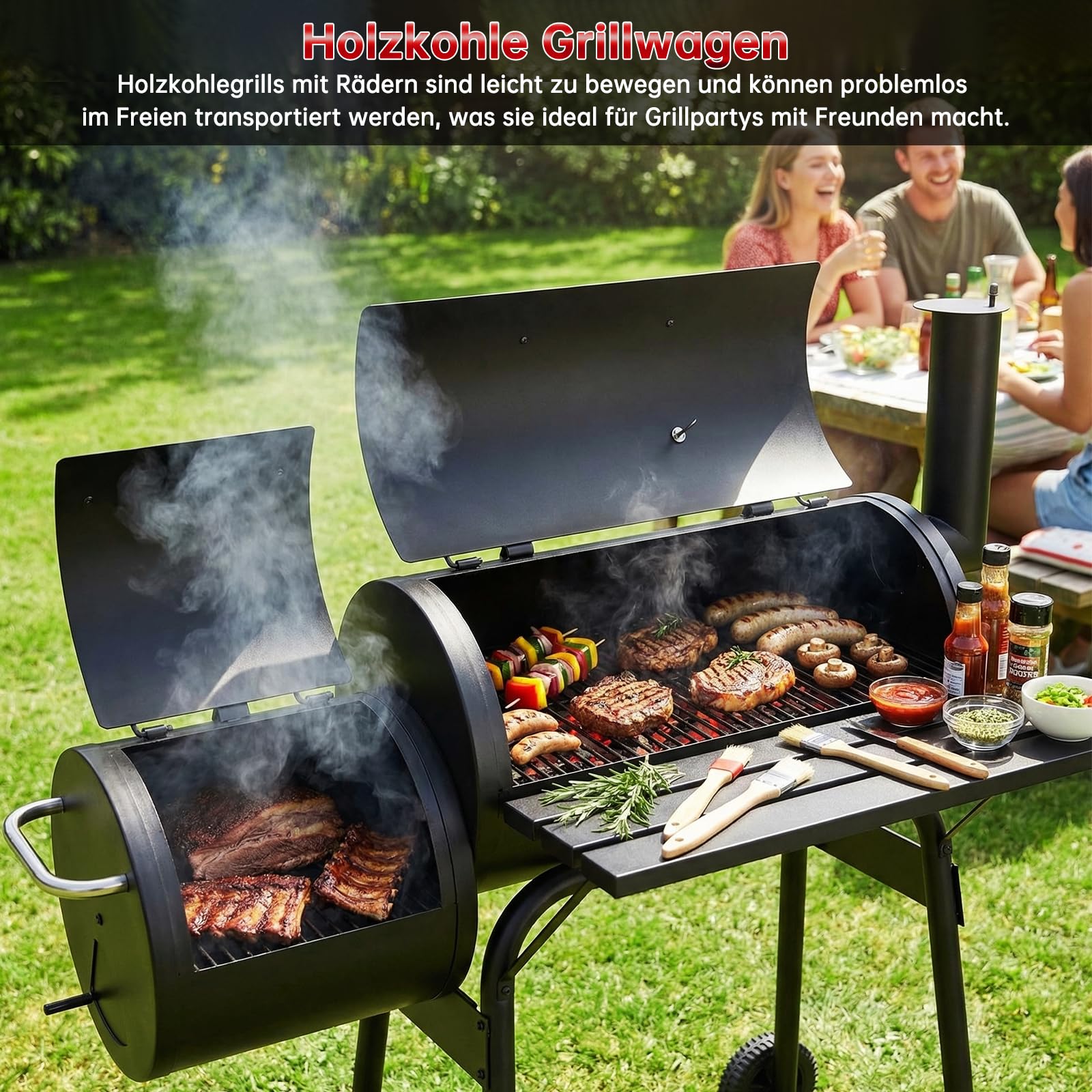 TLSUNNY Holzkohle Smoker Grill mit Schornstein, Holzkohlegrill Grillwagen mit 2 Kammern, Thermometer, Grillablage, 2 Rädern, Räucherofen und Grillfunktion, Smoker Räucherofen für Grillpartys