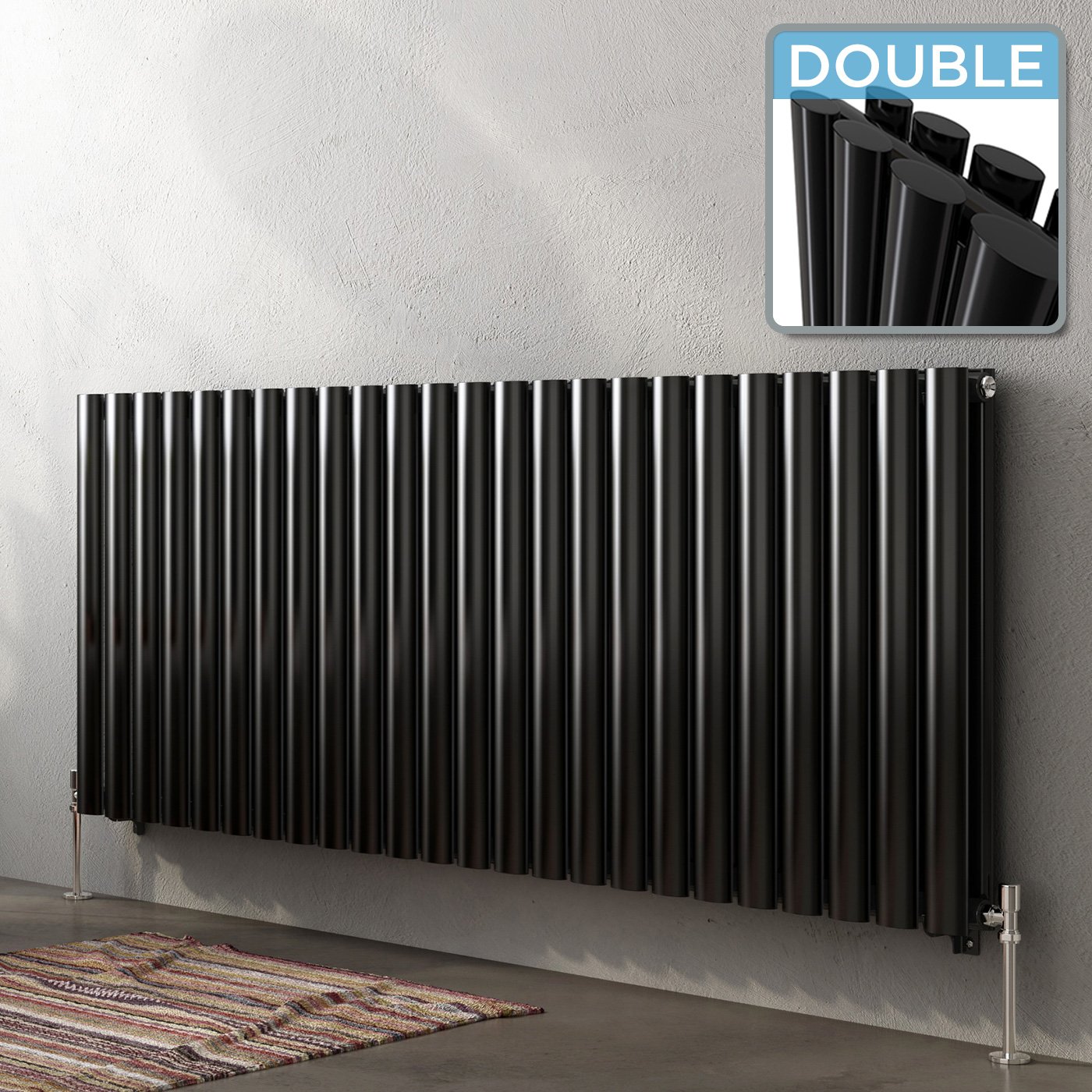 iBathUK Strata Wall-Mounted Horizontal Double Oval Panel Radiator, 24 Column Steel High Thermal Output Hydronic Central Heating, Designer Modern Radiator in Gloss Black, 600 × 1416mm — image 1
