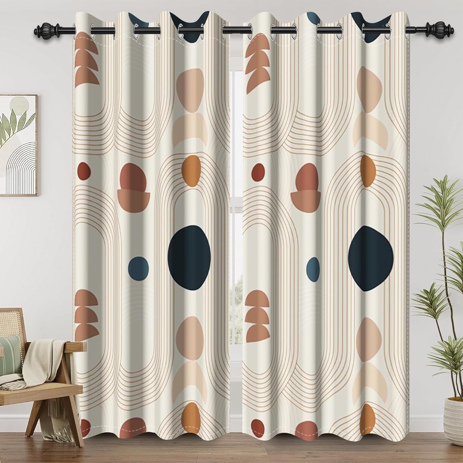Renaiss Boho Mid Century Blackout Curtains for Bedroom Abstract Geometric Arch Sun Window Curtain Modern Minimalist Art Window Drapes for Living Room Decor Curtains 2 Panels Set, 42x84 Inch