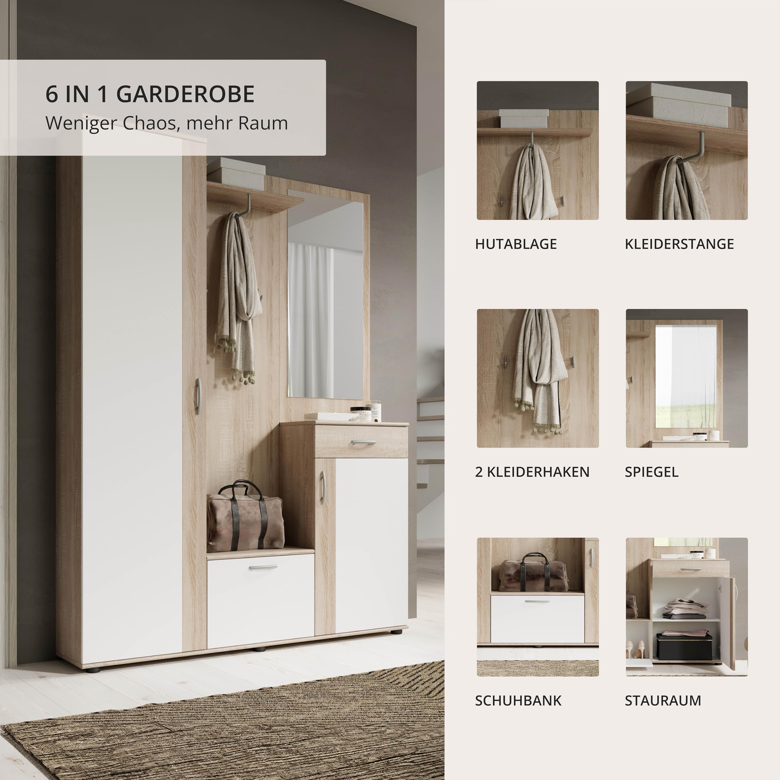 Stella Trading PATENT Flurgarderoben Set Sonoma Eiche Optik Weiß 145x184x29 cm B/H/T