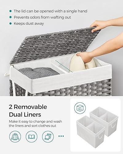 Miniatura 3 de SONGMICS Cesta de ropa de 130L con tapa, 2 bolsas extraíbles con forro, 6 bolsas de malla, mimbre, canasta doble para ropa sucia para baño, 13 x 26