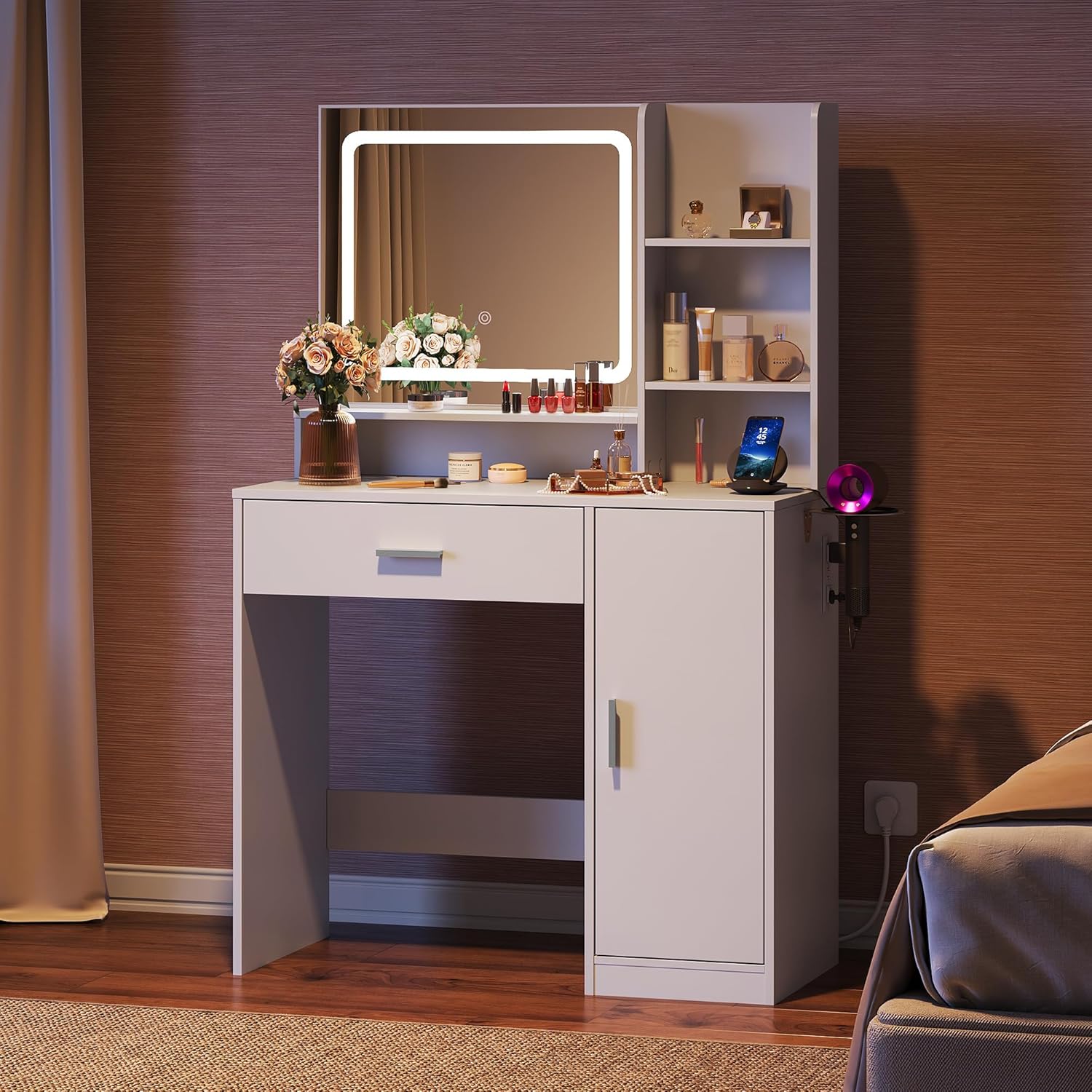 Vanity Desk with 4mm Thick Safety Glass Mirror and Hairdryer Holder