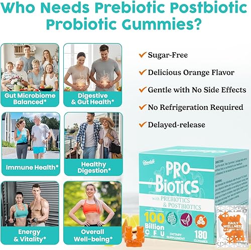 Miniatura 6 de Gomitas probióticas 19 en 1, prebióticos probióticos posbióticos, 100 mil millones de UFC para mujeres y hombres, apoyo inmunitario, intestinal y