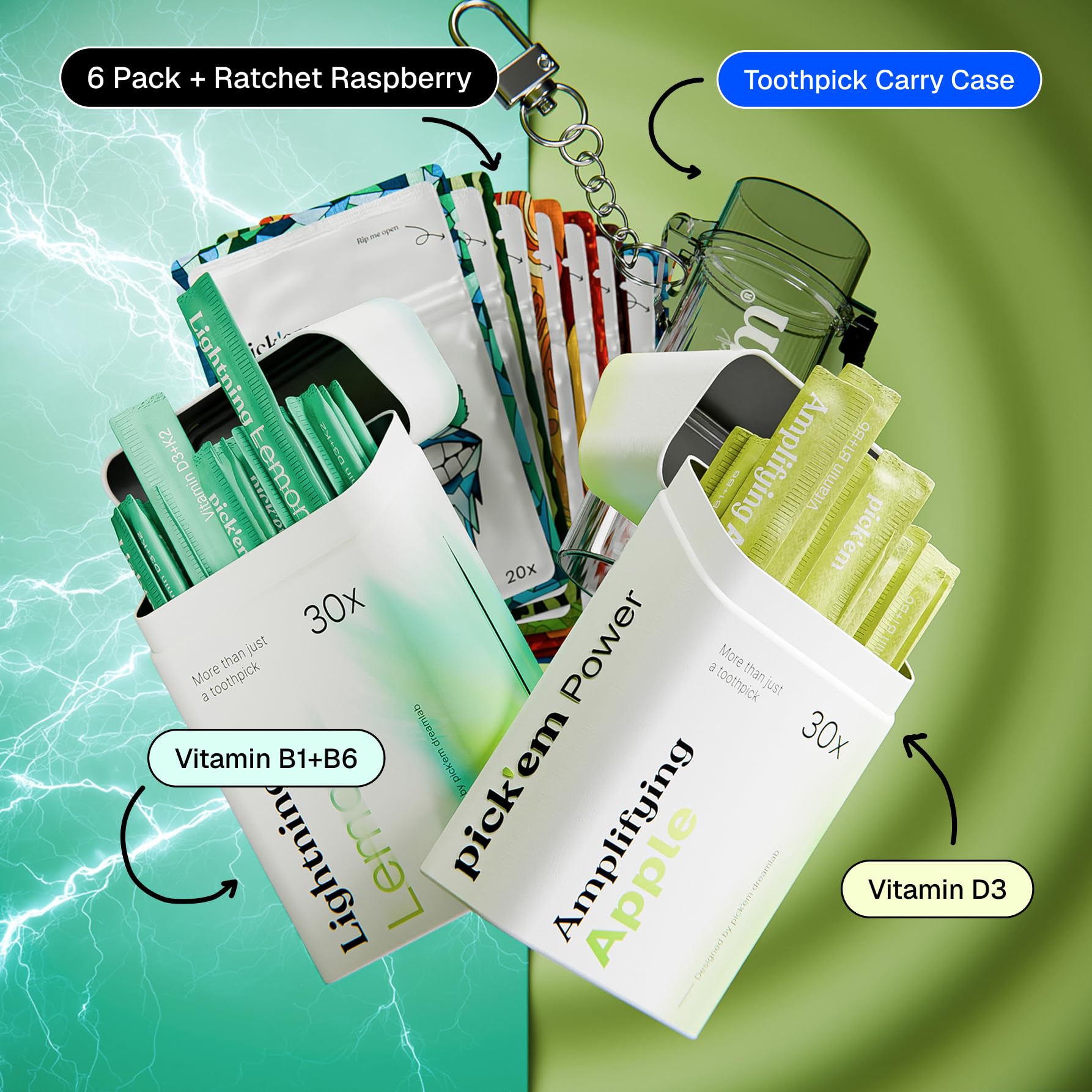 pick'em Powerline Pro Bundle - Palillos de dientes con sabor a vitaminas (200 palillos aromatizados + estuche) - La alternativa de estilo de vida al chicle (Pro Bundle) - Palillos de dientes con sabor
