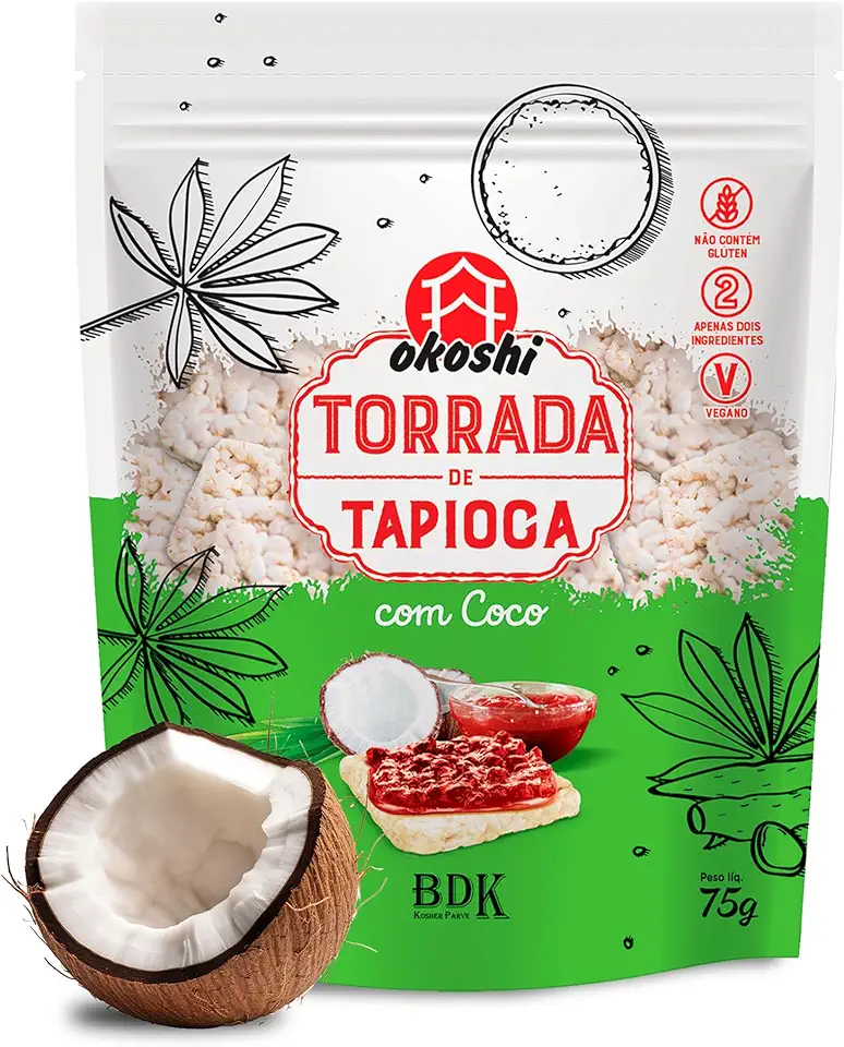 OKOSHI - Torrada de Tapioca com Coco - Snacks Saudáveis de Baixas Calorias, Lanches Fit para a Dieta - Vegano, Sem Açúcar, Sem Glúten, Sem Lactose, Sem Gordura Trans, Kosher - 75g