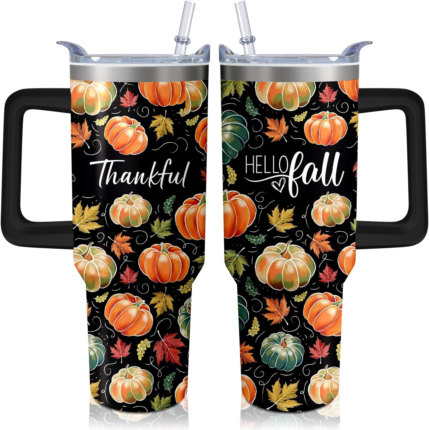 40oz Fall Pumpkin Tumbler With Handle and Straw,Gifts for Women, Autumn Coffee Mug Water Bottle, Thanksgiving Stainless Steel Insulated Cup
